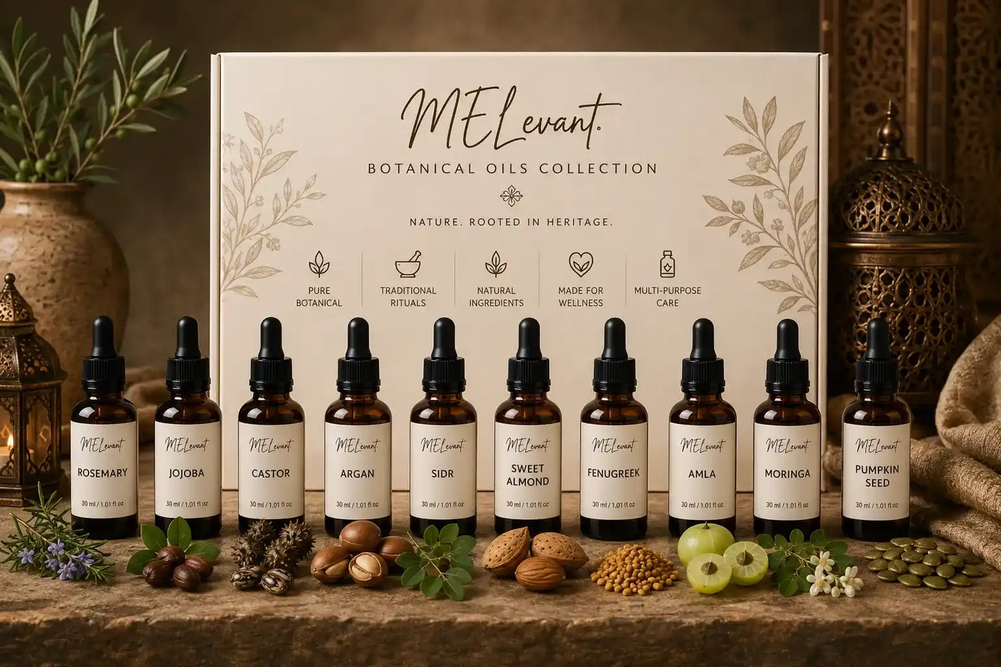 MELevant Botanical Oils Collection featuring rosemary, jojoba, castor, argan, sidr, sweet almond, fenugreek, amla, moringa and pumpkin seed oils