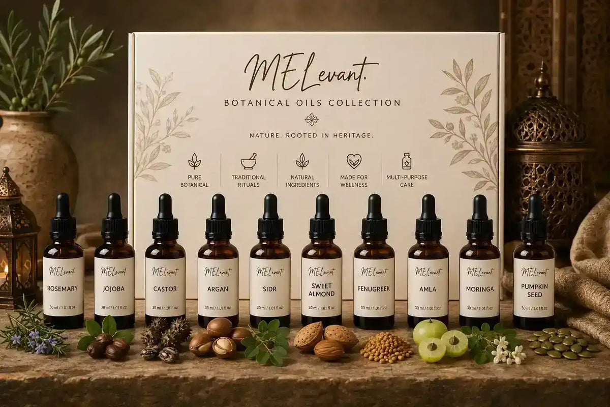 MELevant Botanical Oils Collection featuring rosemary, jojoba, castor, argan, sidr, sweet almond, fenugreek, amla, moringa and pumpkin seed oils
