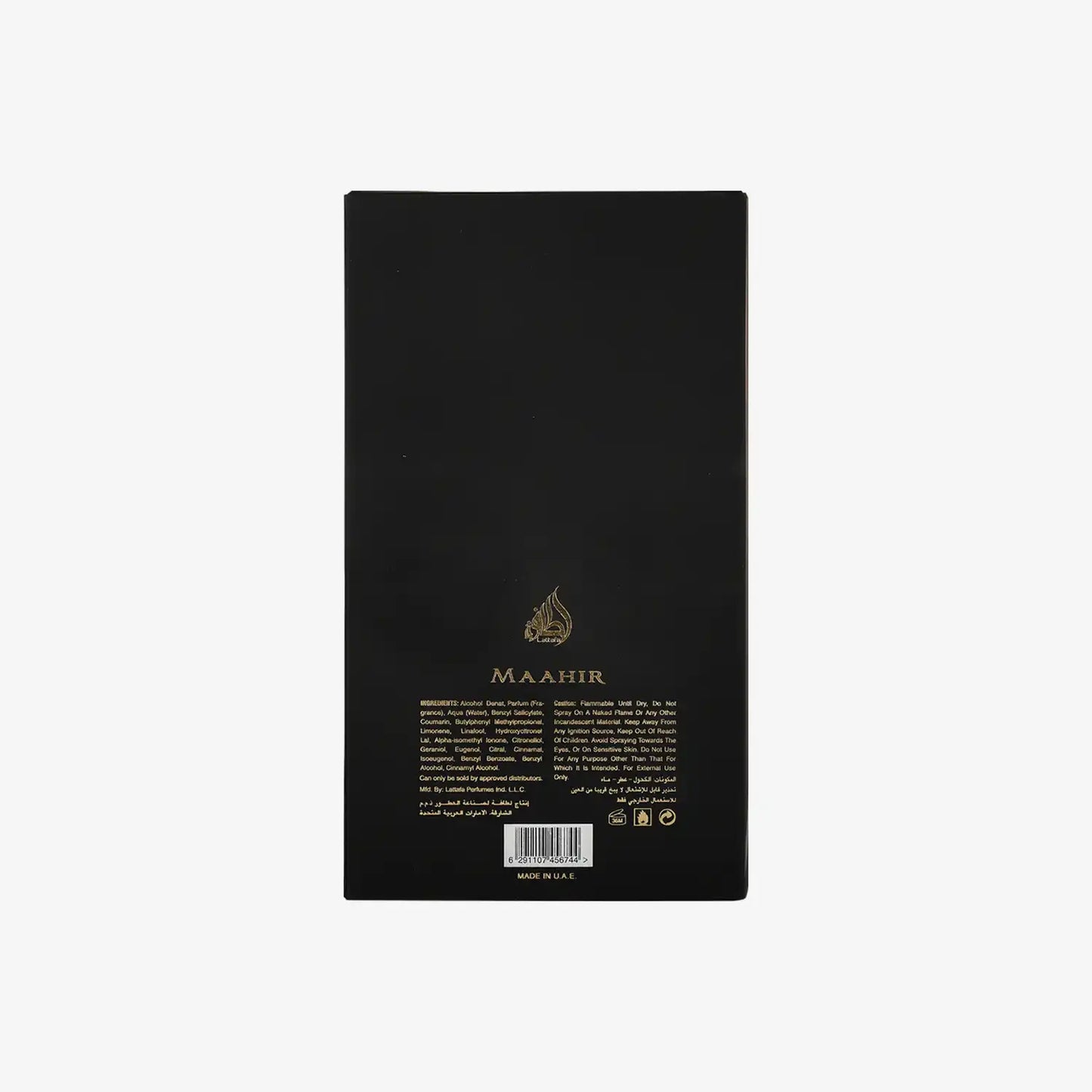 Back of Maahir perfume box with gold Arabic calligraphy, ingredients, and instructions.