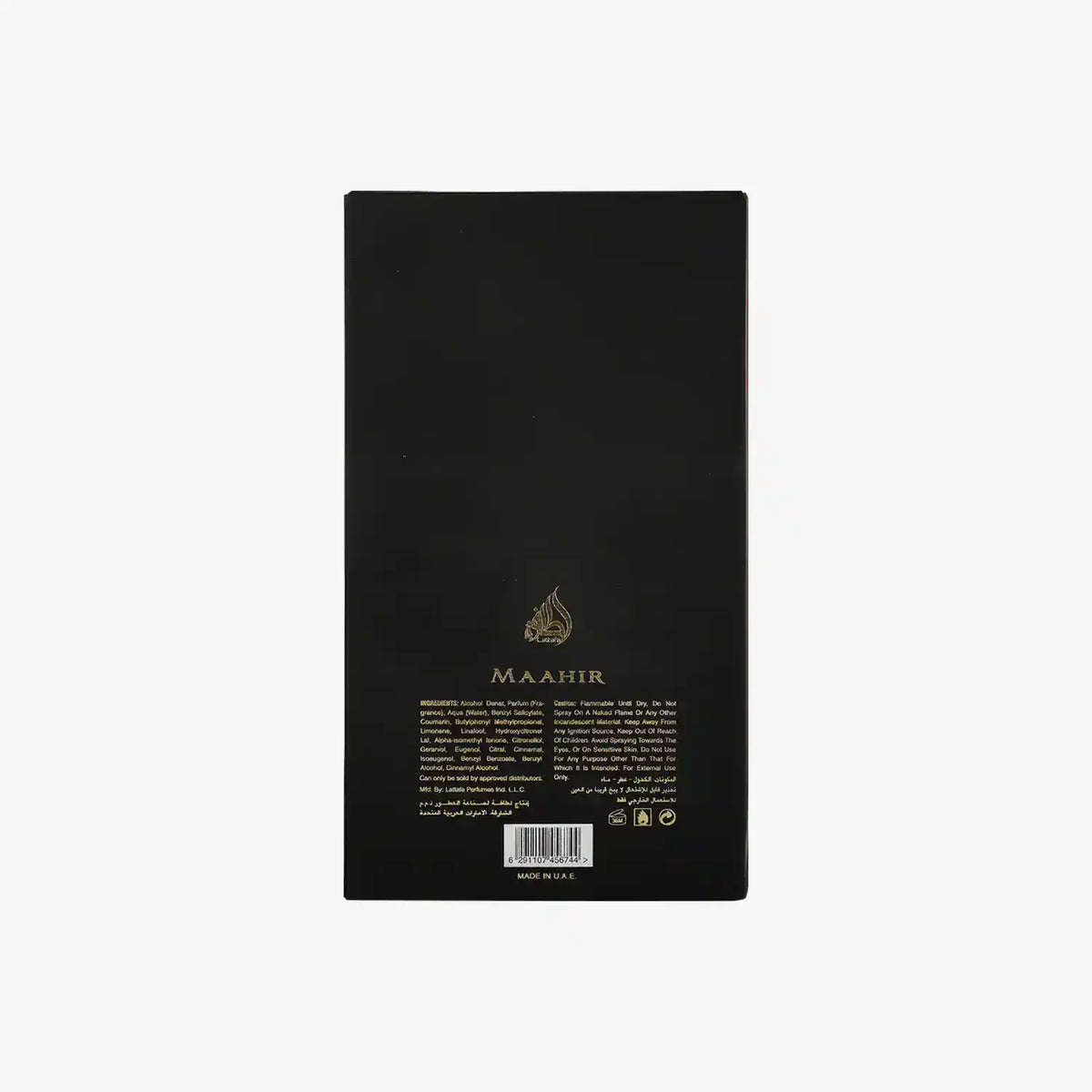 Back of Maahir perfume box with gold Arabic calligraphy, ingredients, and instructions.