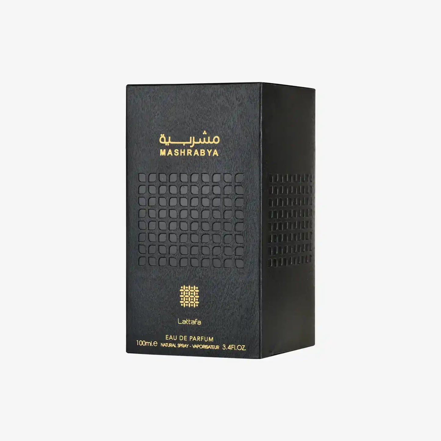 Mashrabya Eau de Parfum black box with gold text and Middle Eastern geometric design