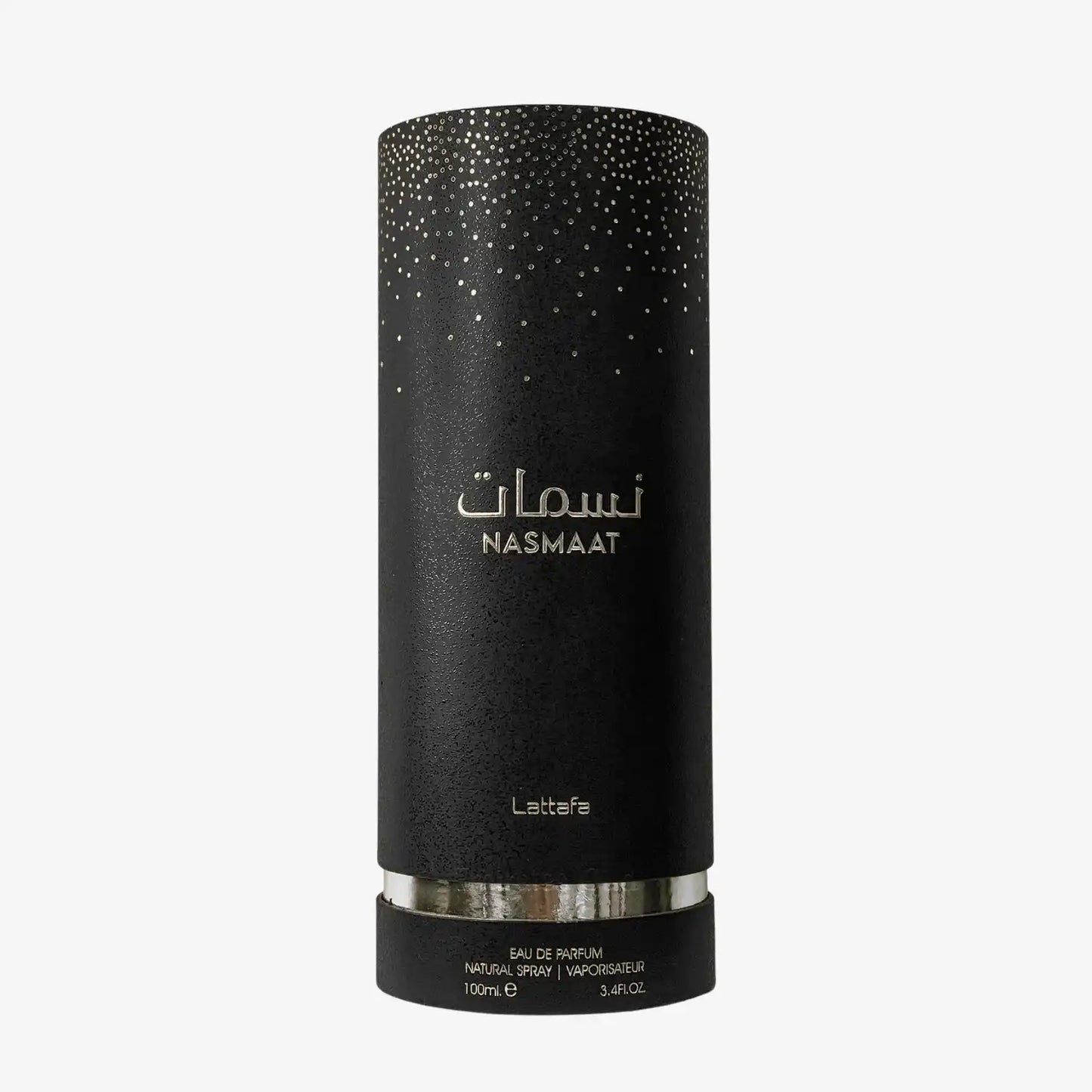 Black cylindrical Nasmaat perfume box with gold dotted design and Arabic-English text