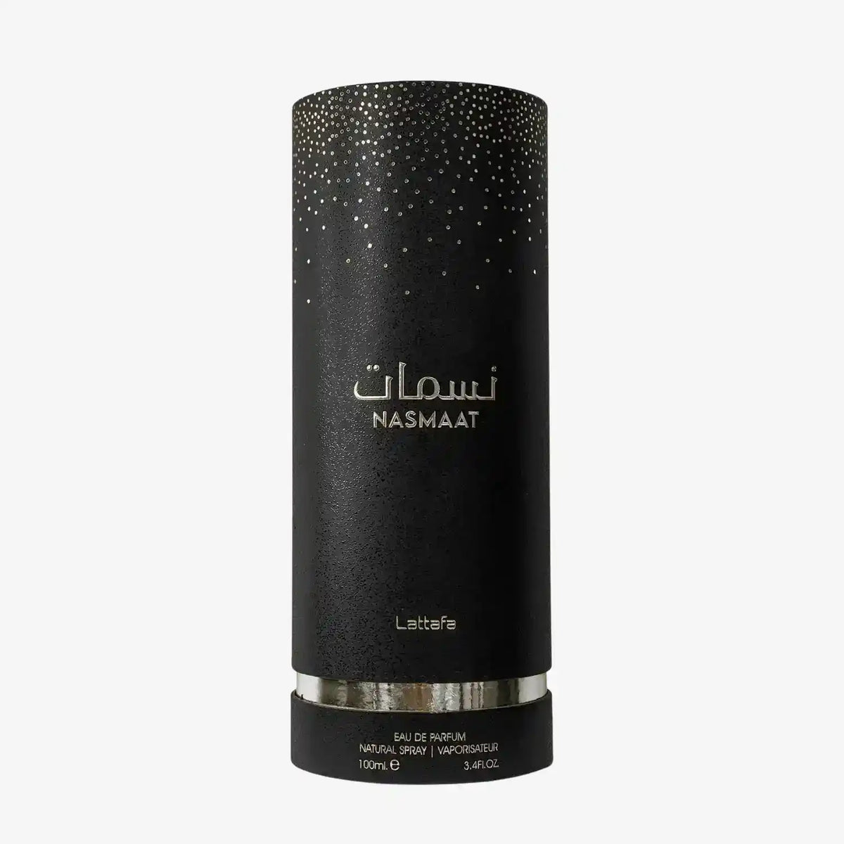 Black cylindrical Nasmaat perfume box with gold dotted design and Arabic-English text