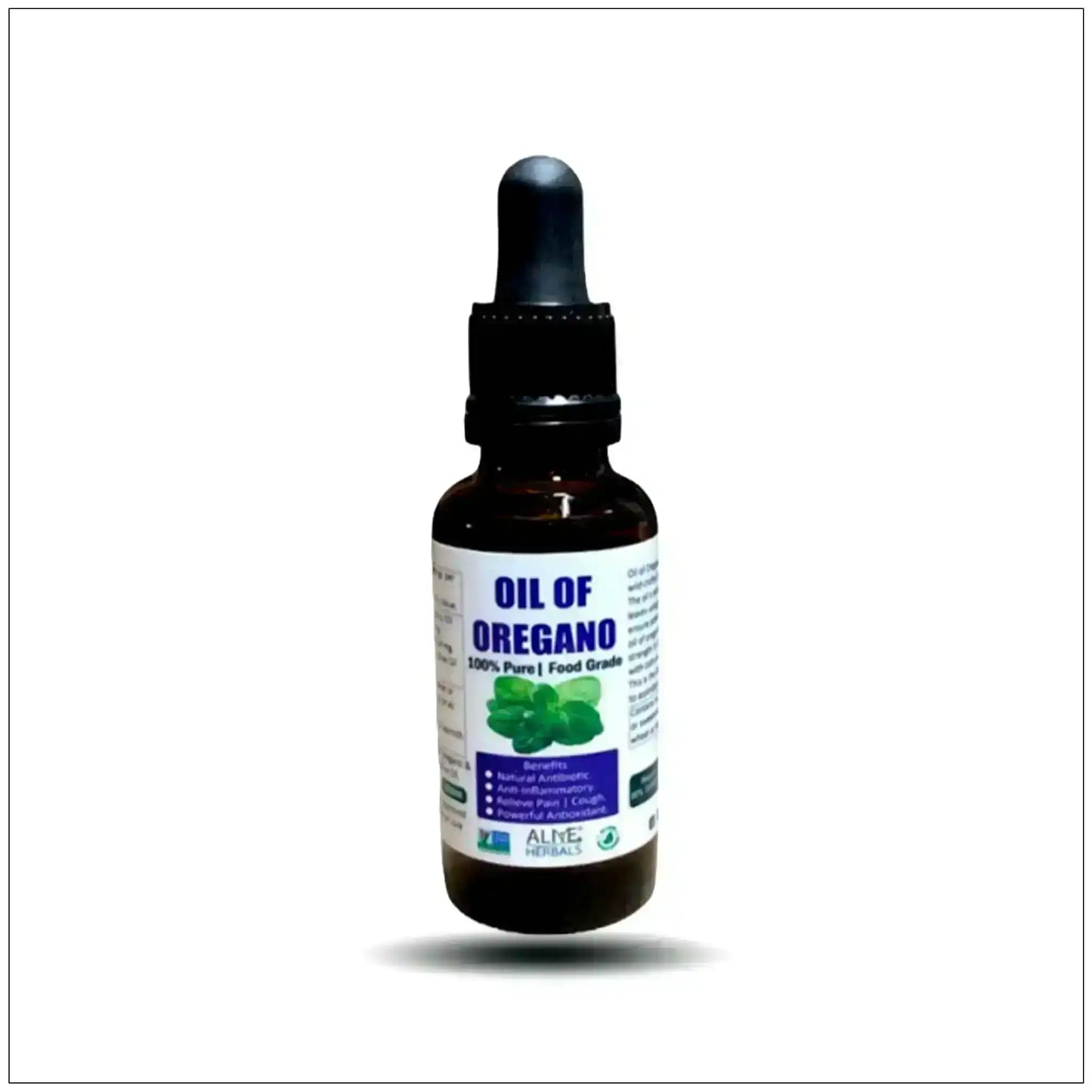 Oil of oregano essential oil bottle with dropper on white background