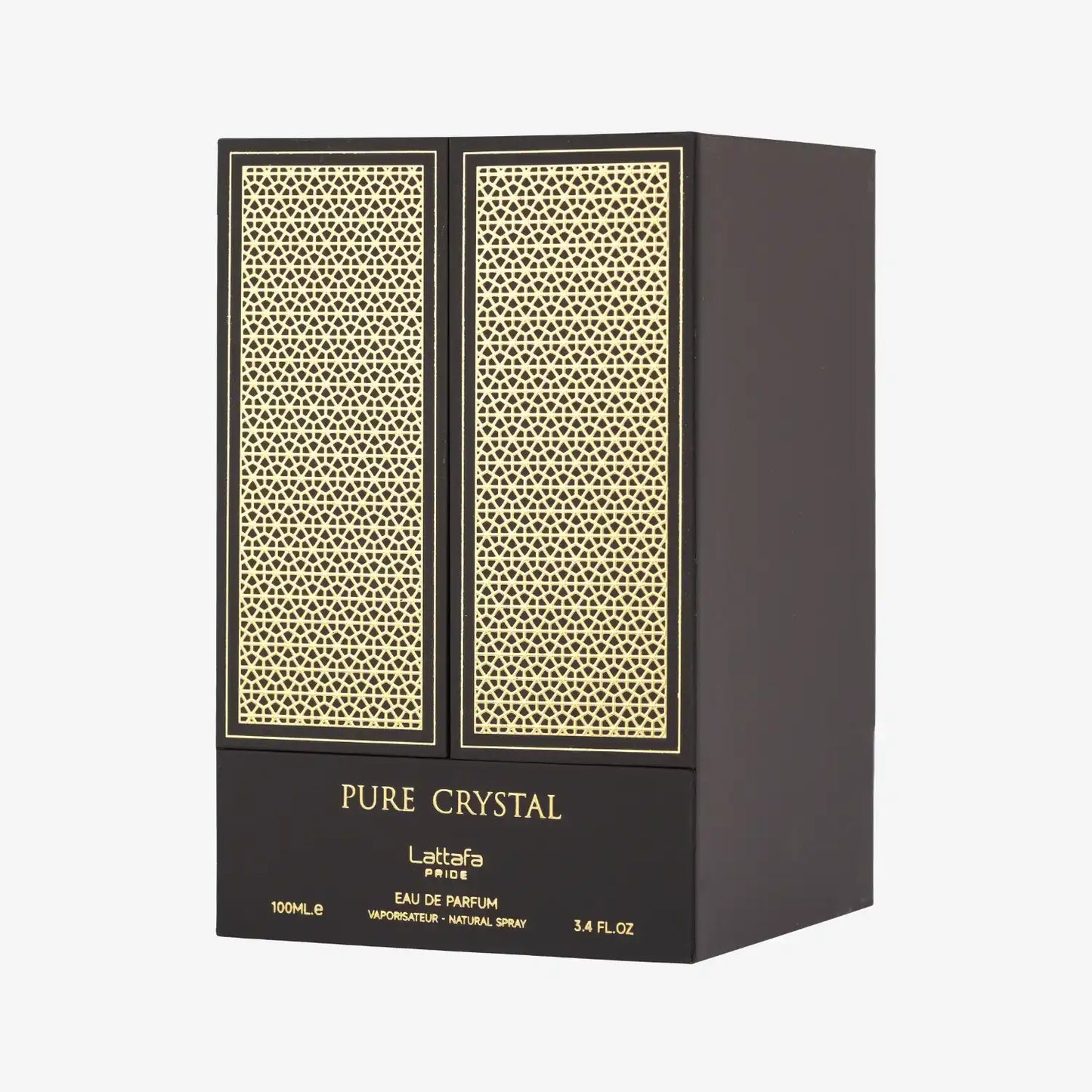 Pure Crystal eau de parfum box with gold Middle Eastern geometric pattern on black background
