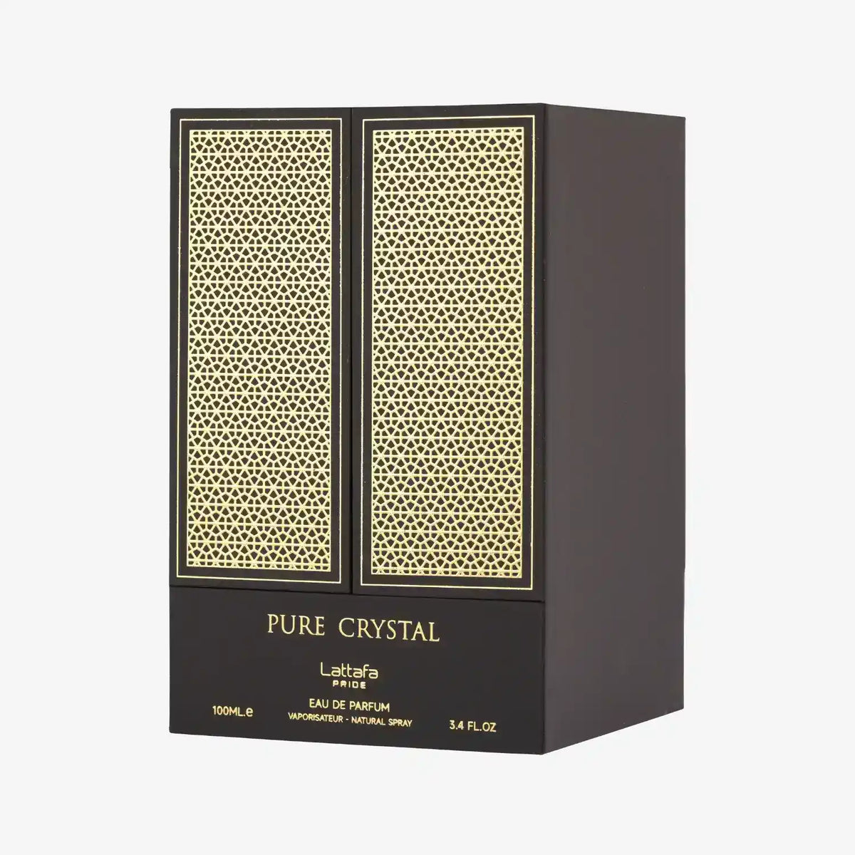 Pure Crystal eau de parfum box with gold Middle Eastern geometric pattern on black background