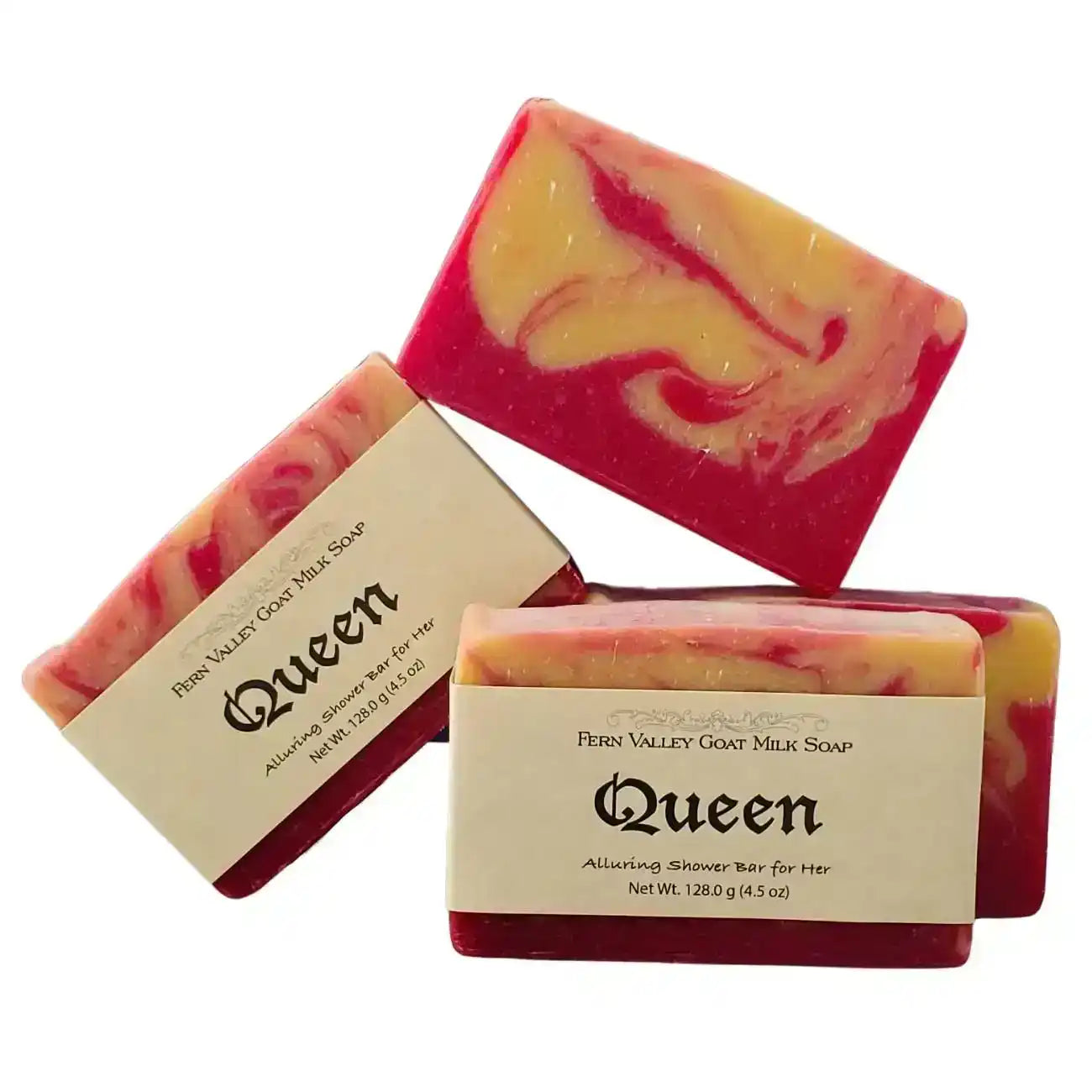 Queen Fern Valley Goat Milk Soap bars with red and yellow swirls, alluring shower bar for her