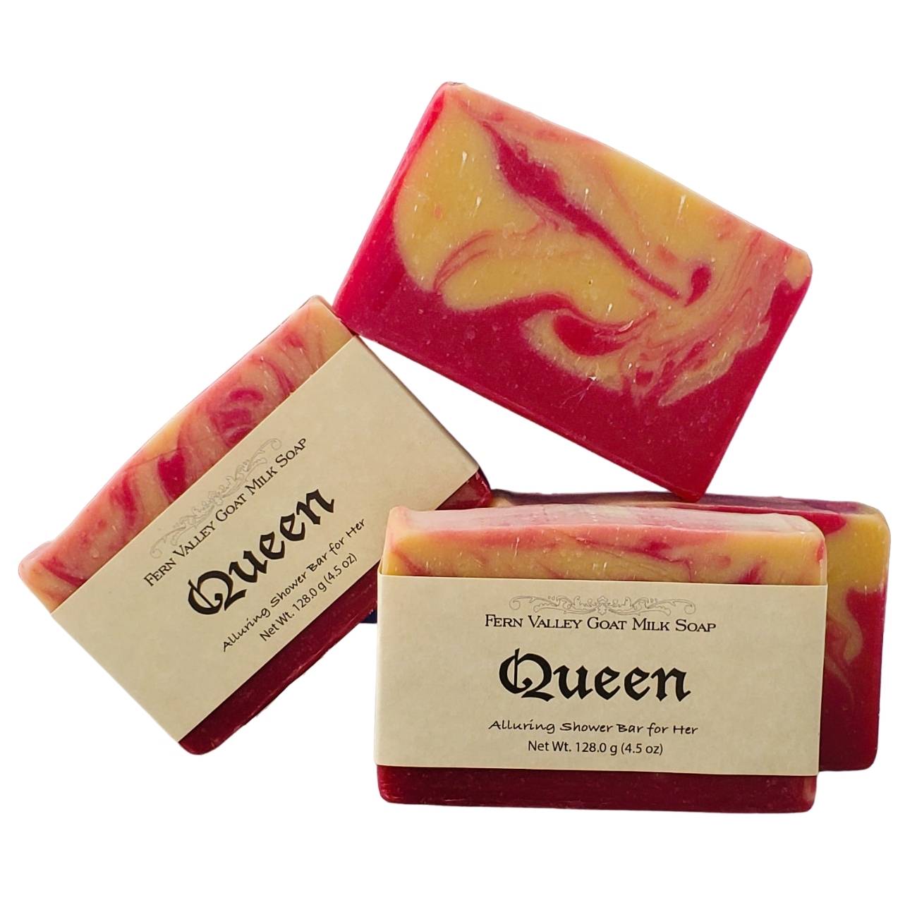 Queen Fern Valley Goat Milk Soap bars with red and yellow swirls, alluring shower bar for her