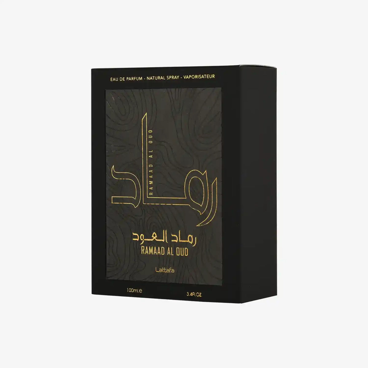 Ramaad Al Oud perfume box, black with gold Arabic and English text, 100ml size