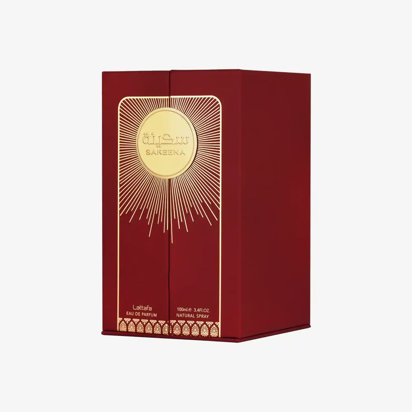 Red and gold Sakeena perfume box with Middle Eastern design elements