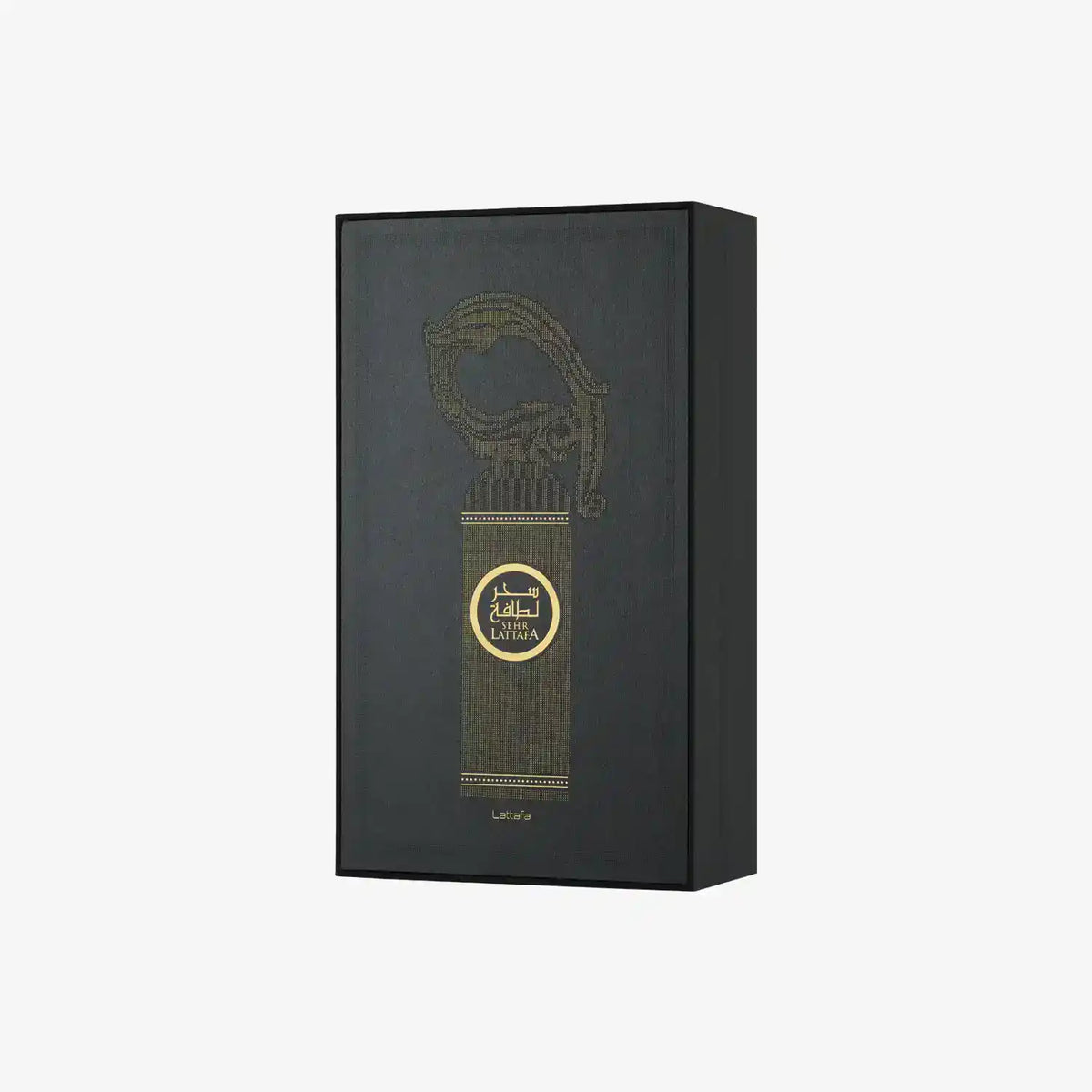 Luxurious Sehr Lattafa perfume box with elegant gold design on black background