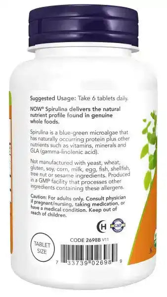 Back label of Spirulina 500mg supplement bottle with usage and ingredient details visible