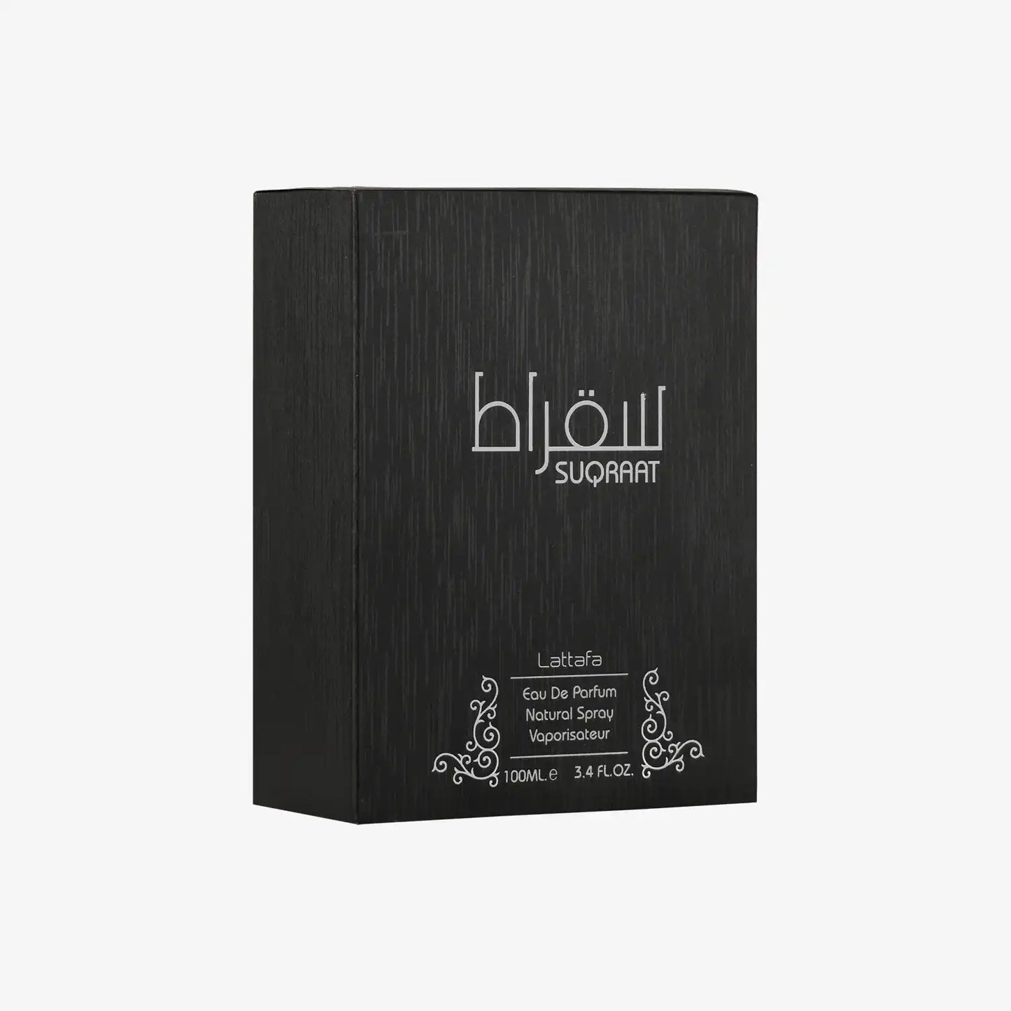 Lattafa Suqraat Eau De Parfum 100ml black box with silver Arabic and English text