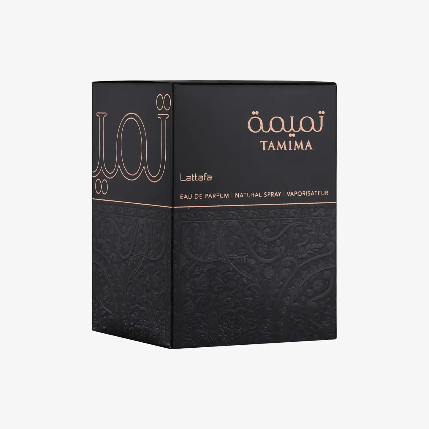 Tamima Eau de Parfum by Lattafa, black box with gold Arabic and English text, ornate pattern