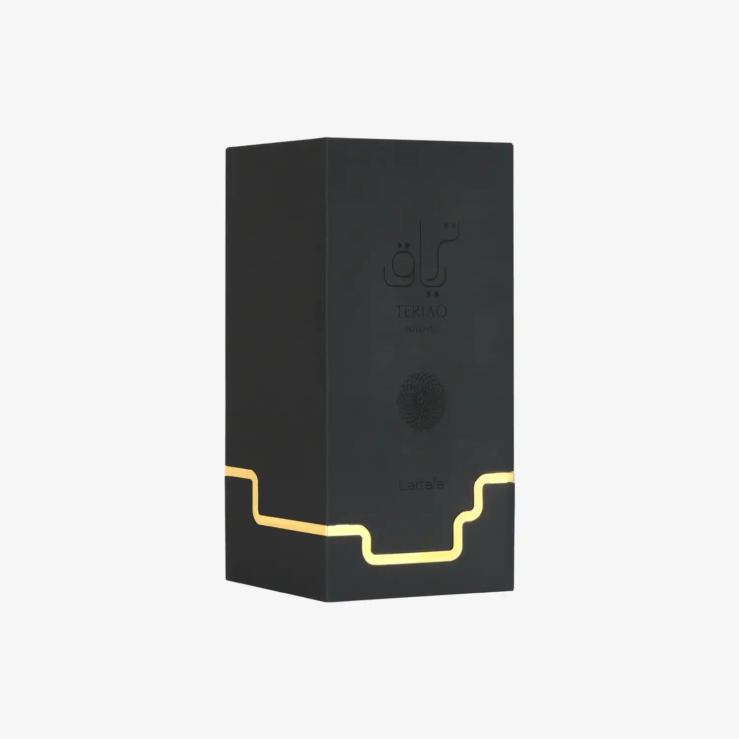 Black Teriaq Intense perfume box with gold accents and Arabic text on white background