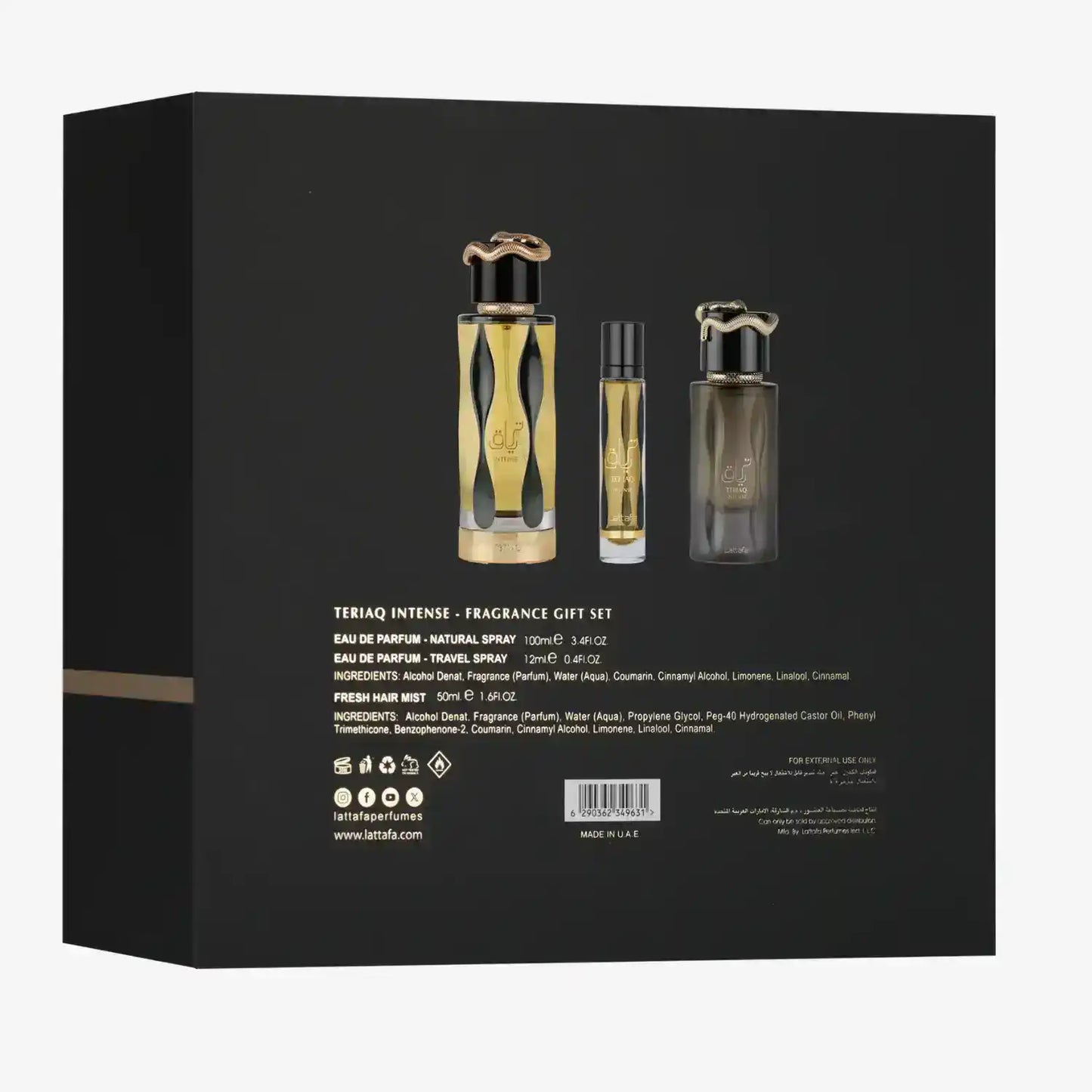 Teriaq Intense fragrance gift set with eau de parfum and hair mist in elegant black packaging