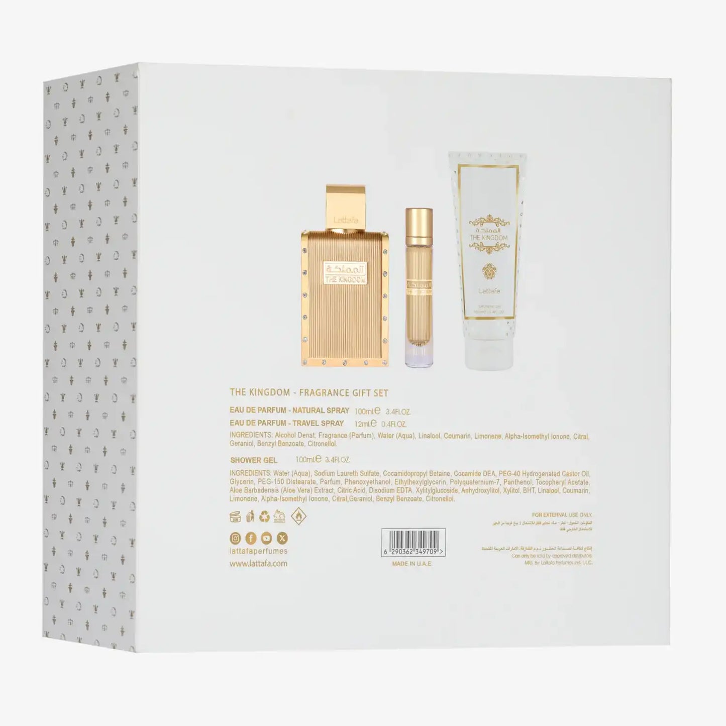 Back of The Kingdom fragrance gift set box with perfume bottle, travel spray, and shower gel