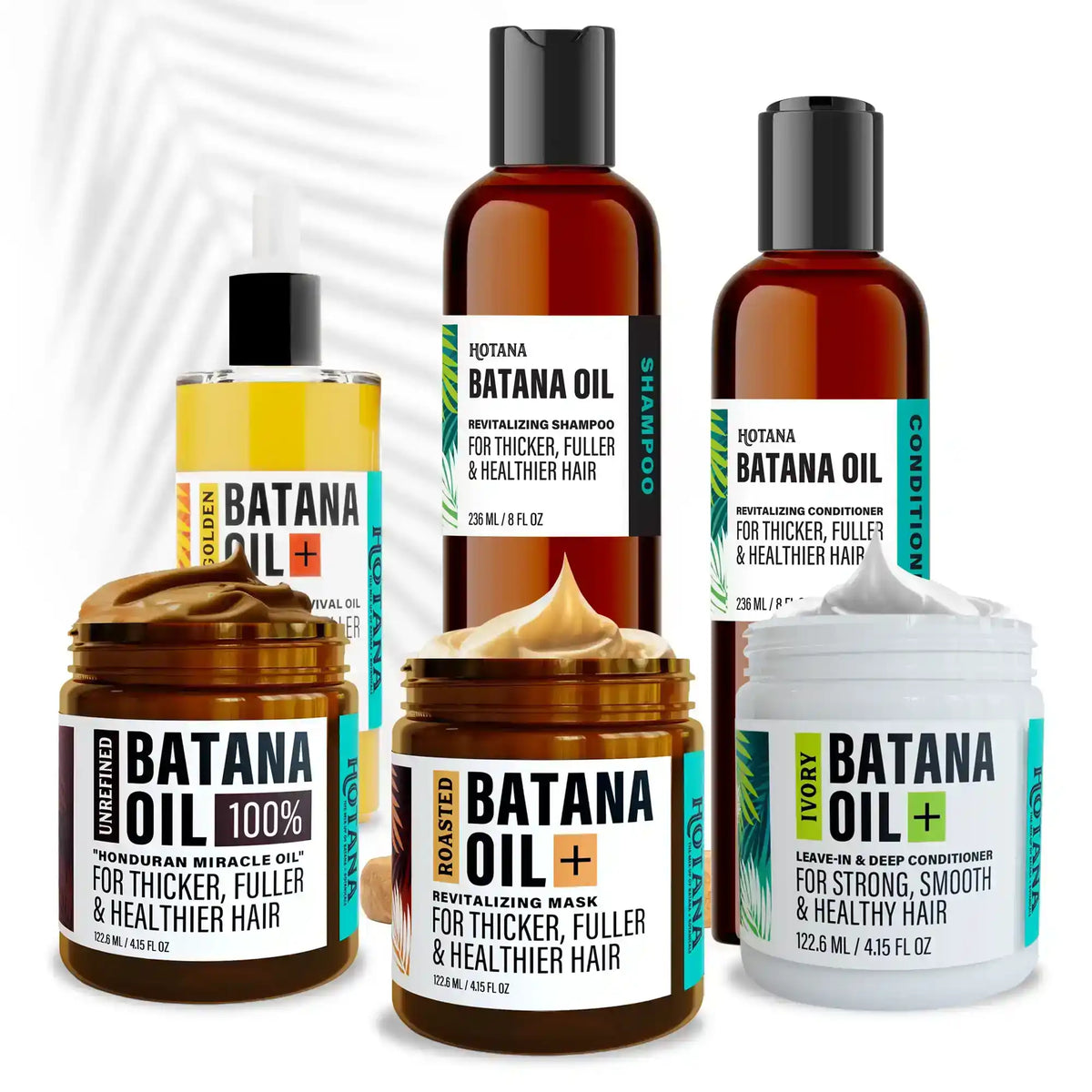 Hotana Batana Oil bundle including shampoo, conditioner, hair mask, and raw hair oil.