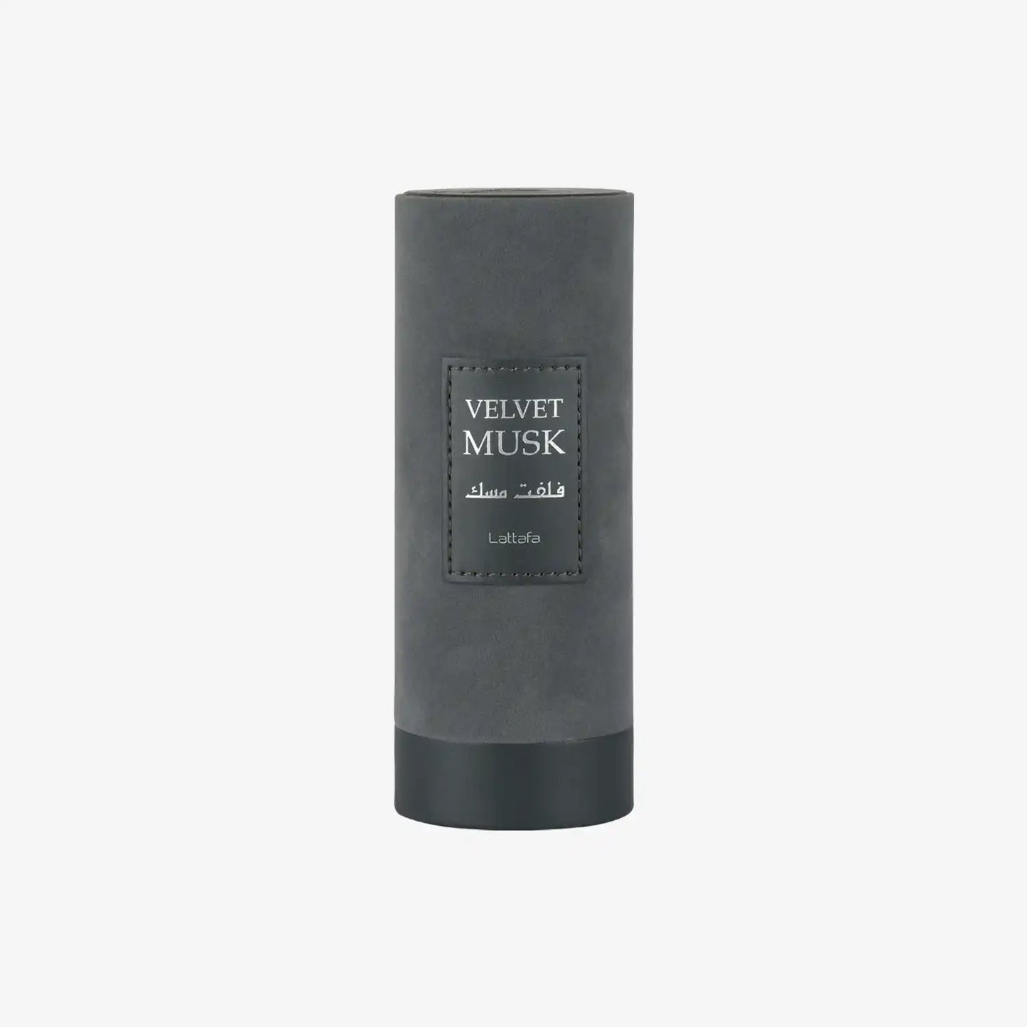 Velvet Musk perfume bottle with grey cylindrical packaging on white background
