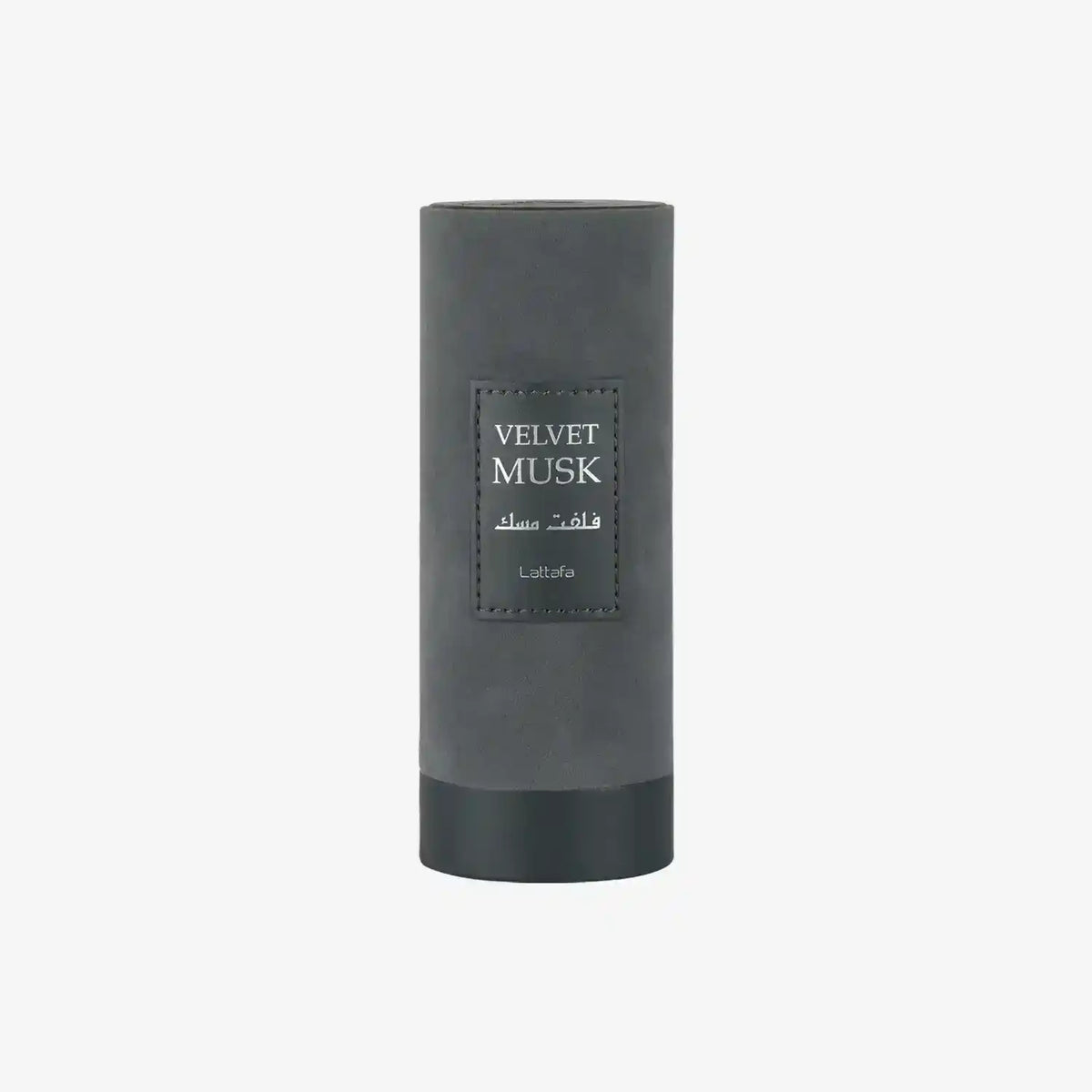 Velvet Musk perfume bottle with grey cylindrical packaging on white background