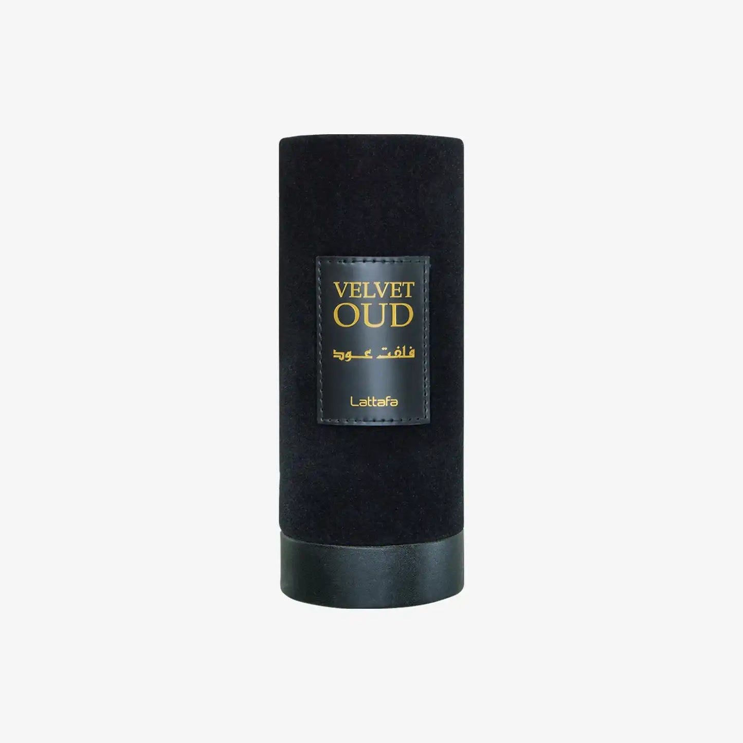 Black cylindrical Velvet Oud perfume bottle with gold label on white background