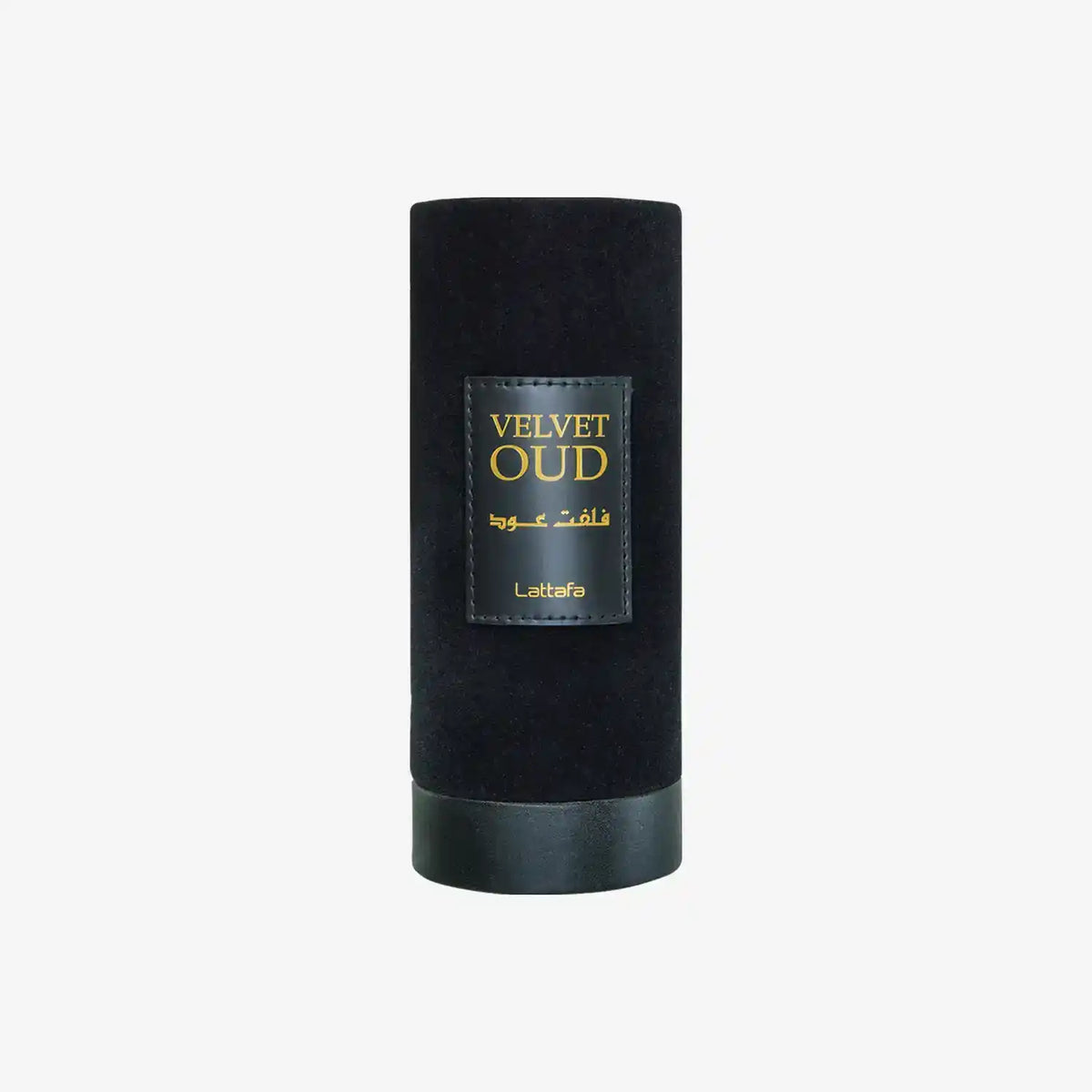 Black cylindrical Velvet Oud perfume bottle with gold label on white background