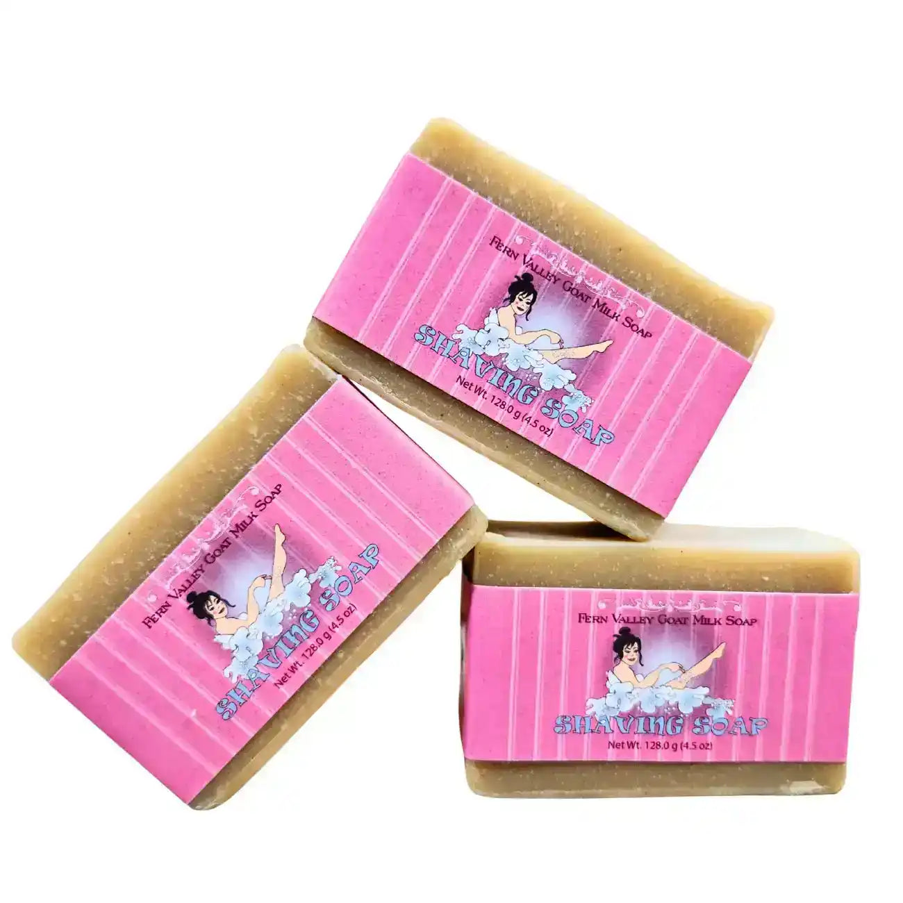 Fern Valley Goat Milk Shaving Soap bars with pink labels and vintage illustrations