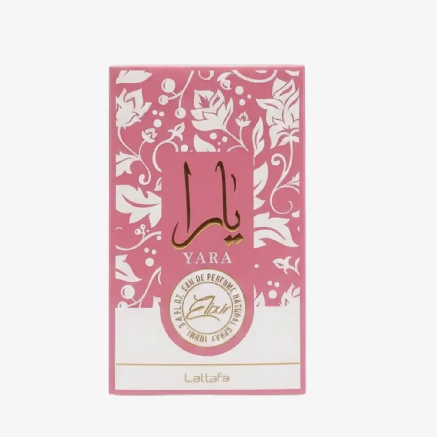 Yara Eau de Parfum pink floral box with Arabic text and gold accents