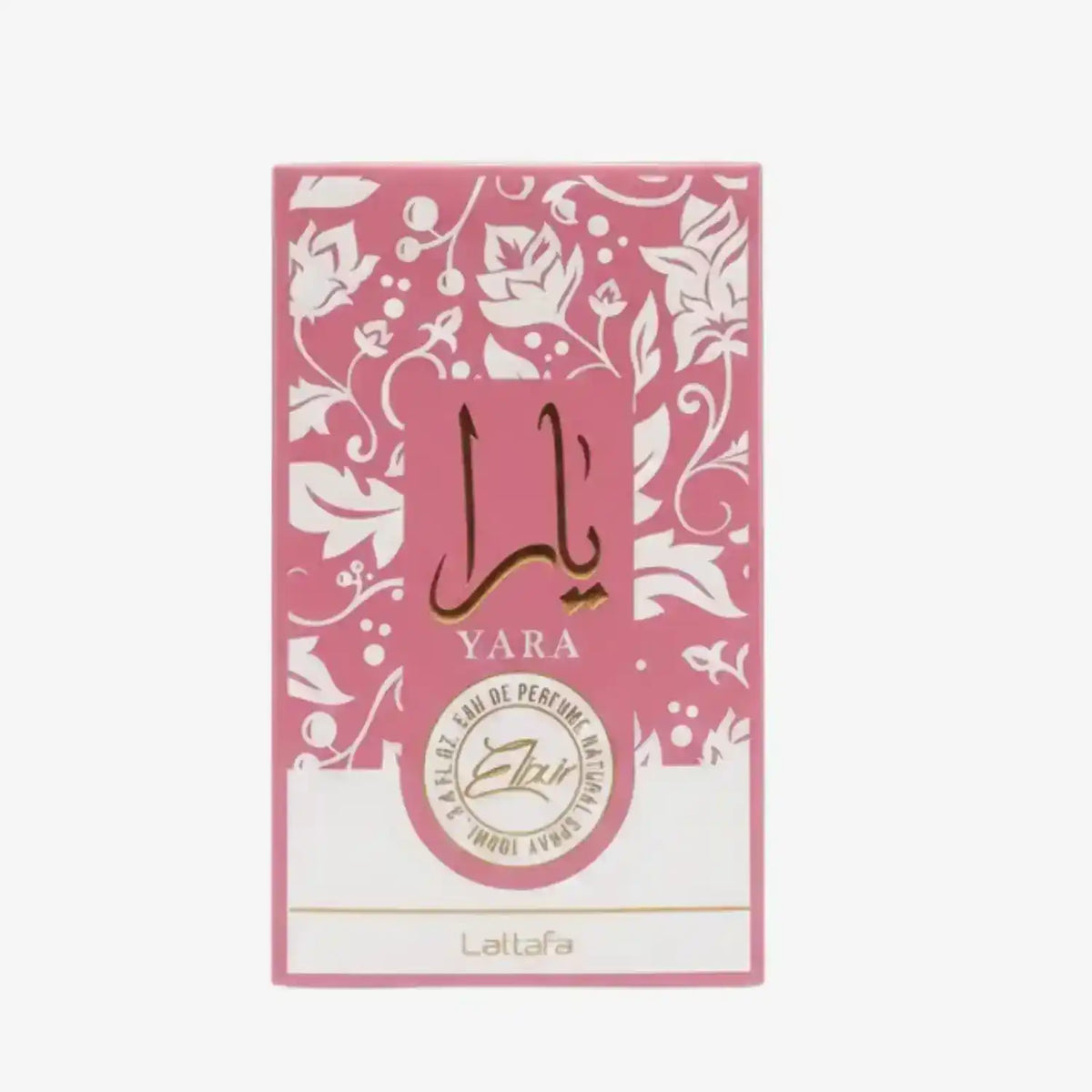 Yara Eau de Parfum pink floral box with Arabic text and gold accents