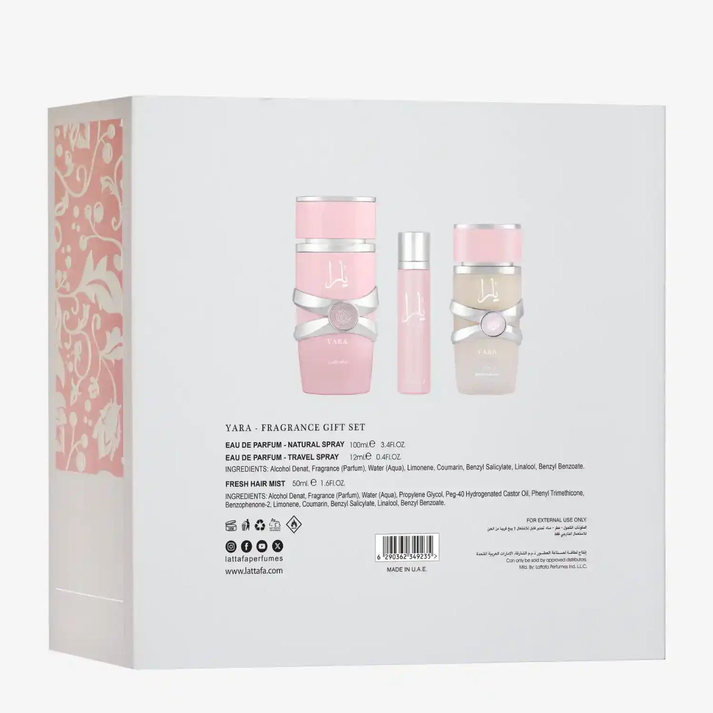 Yara fragrance gift set with pink bottles and floral design, featuring eau de parfum and hair mist
