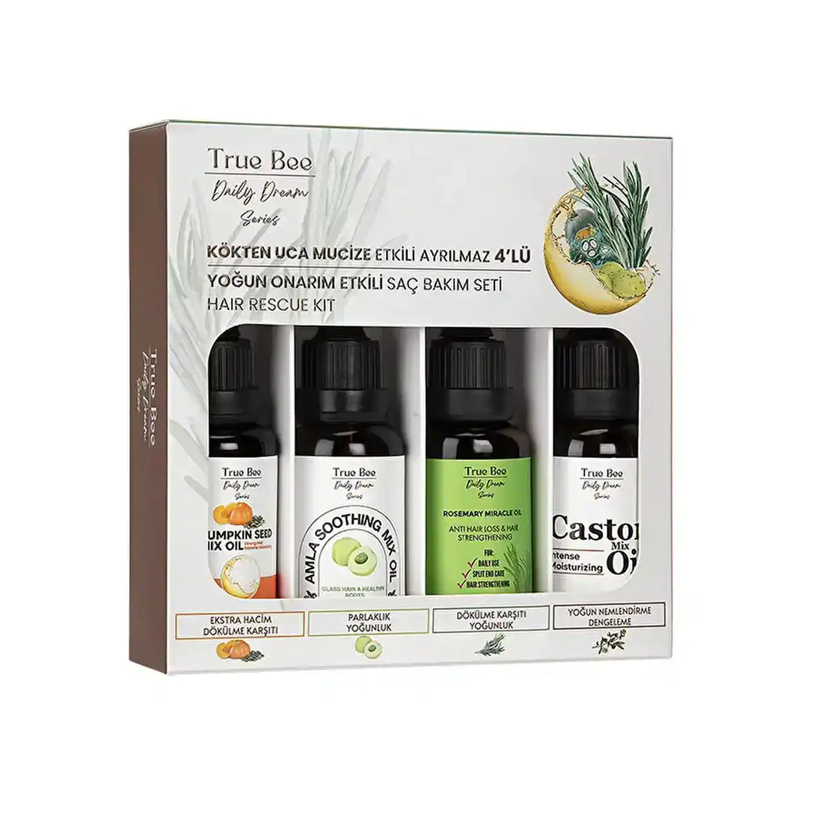 True Bee Daily Dream Hair Rescue Kit with 4 natural oils for hair growth, strength, and moisture