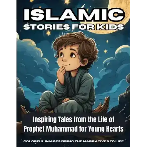 Illustration of a thoughtful child sitting under starry night sky on Islamic stories for kids cover