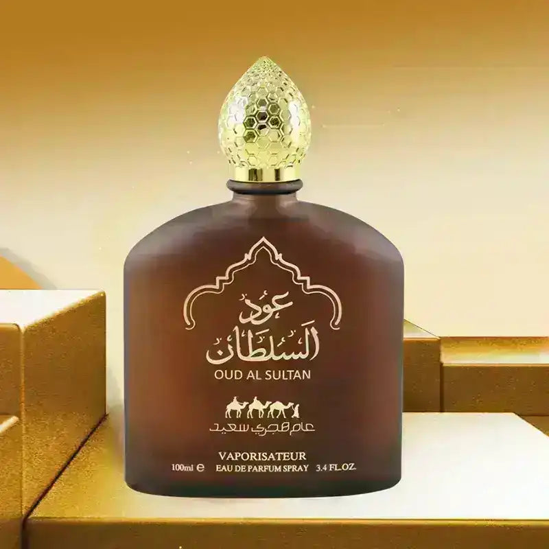 Oud Al Sultan perfume bottle with gold cap and Arabic script, Middle Eastern fragrance
