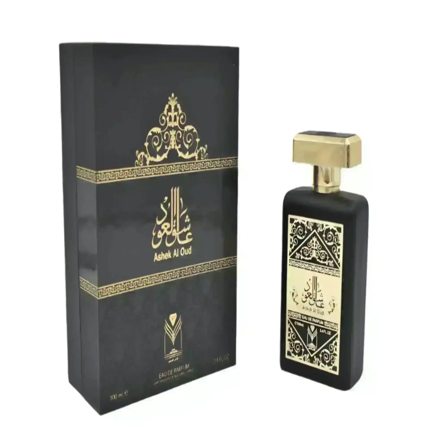 Ashek Al Oud EDP 100ml perfume bottle and elegant black gold box, Middle Eastern fragrance