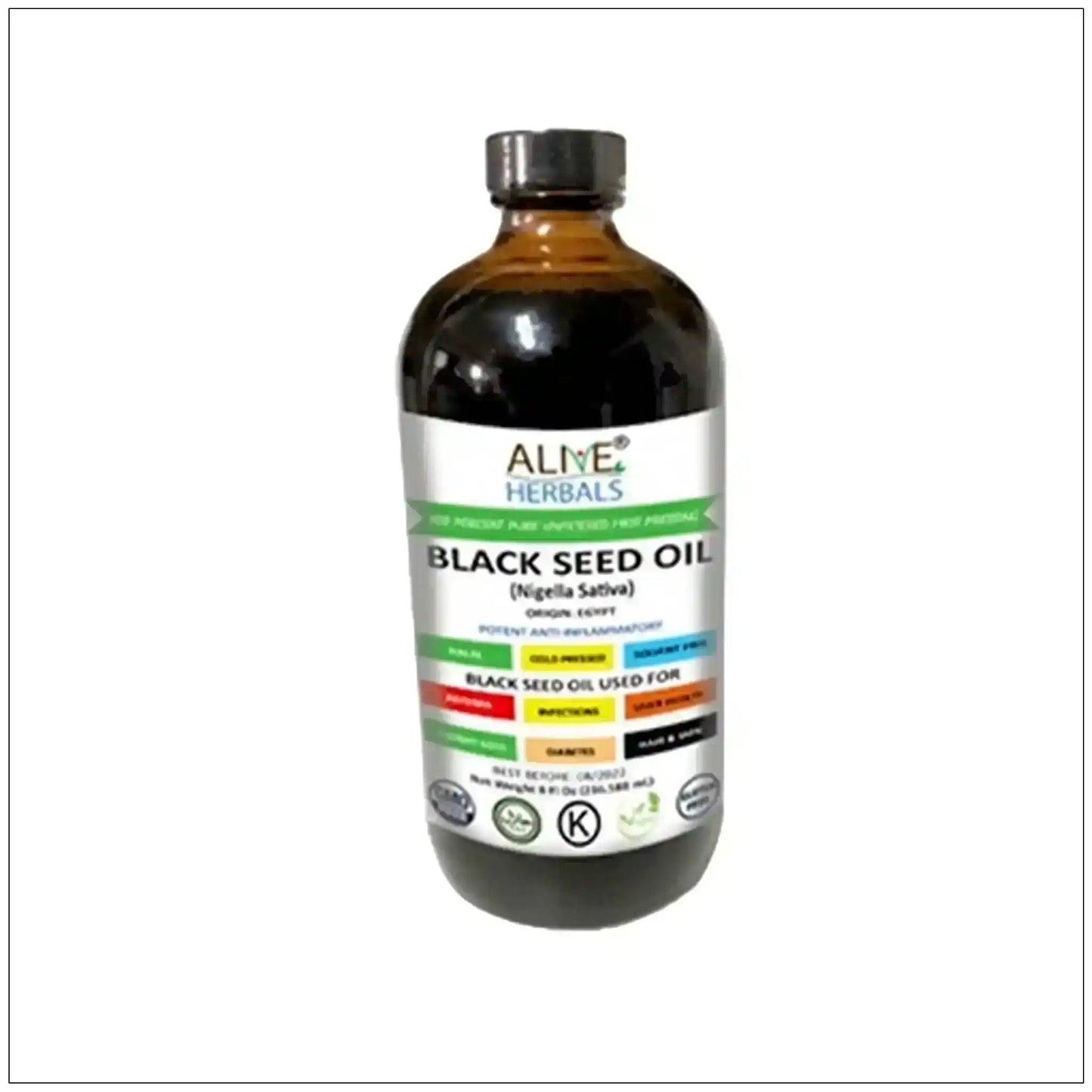 8 oz glass bottle of black seed oil with product label and certifications visible