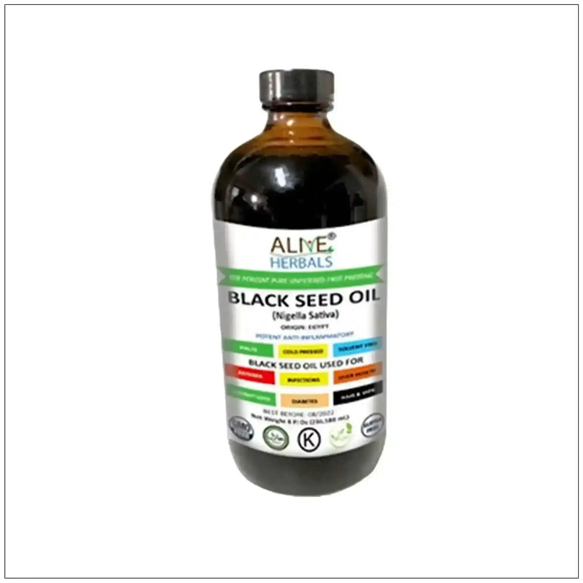 8 oz glass bottle of black seed oil with detailed label highlighting ingredients and uses