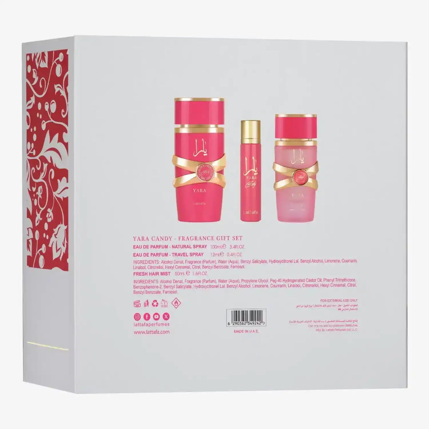 Yara Candy fragrance gift set with perfume bottles in pink and gold packaging on white box