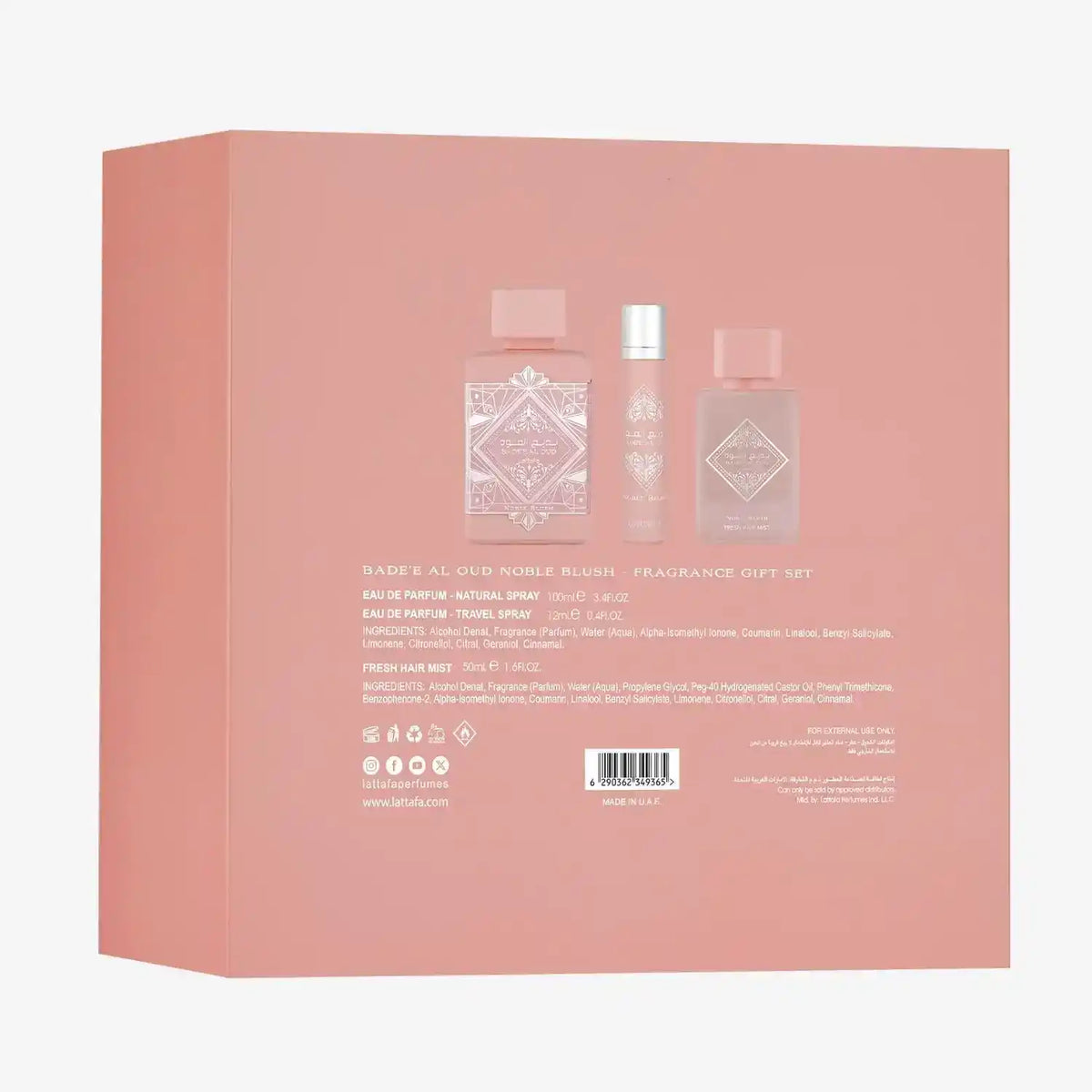 Middle Eastern fragrance gift set in blush pink packaging with ornate designs and product details.