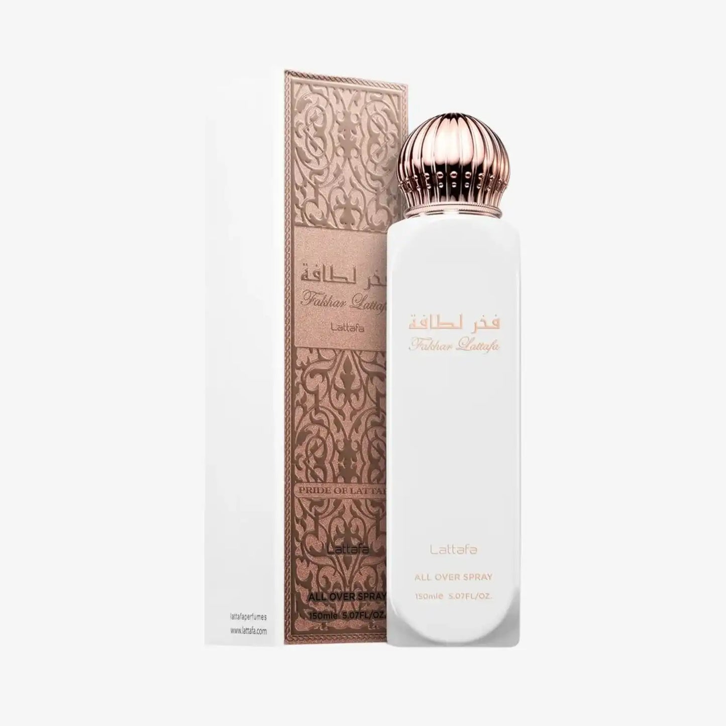 Lattafa Fakhar all over spray bottle with ornate rose gold cap and decorative box