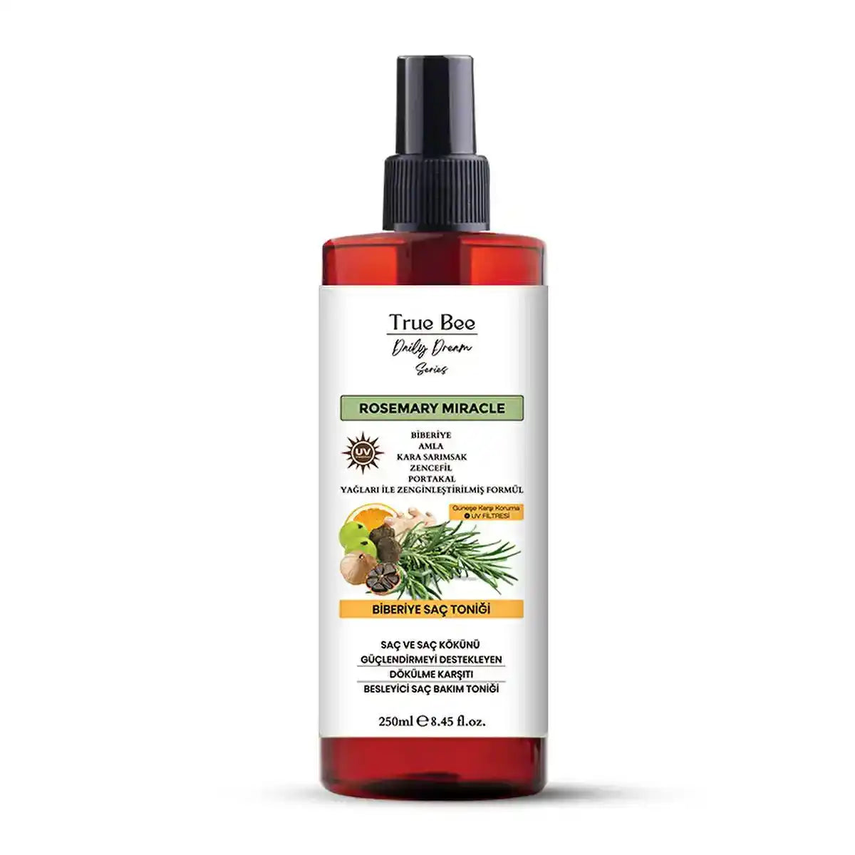 True Bee Rosemary Miracle hair tonic with natural herbs, UV protection, 250ml spray bottle