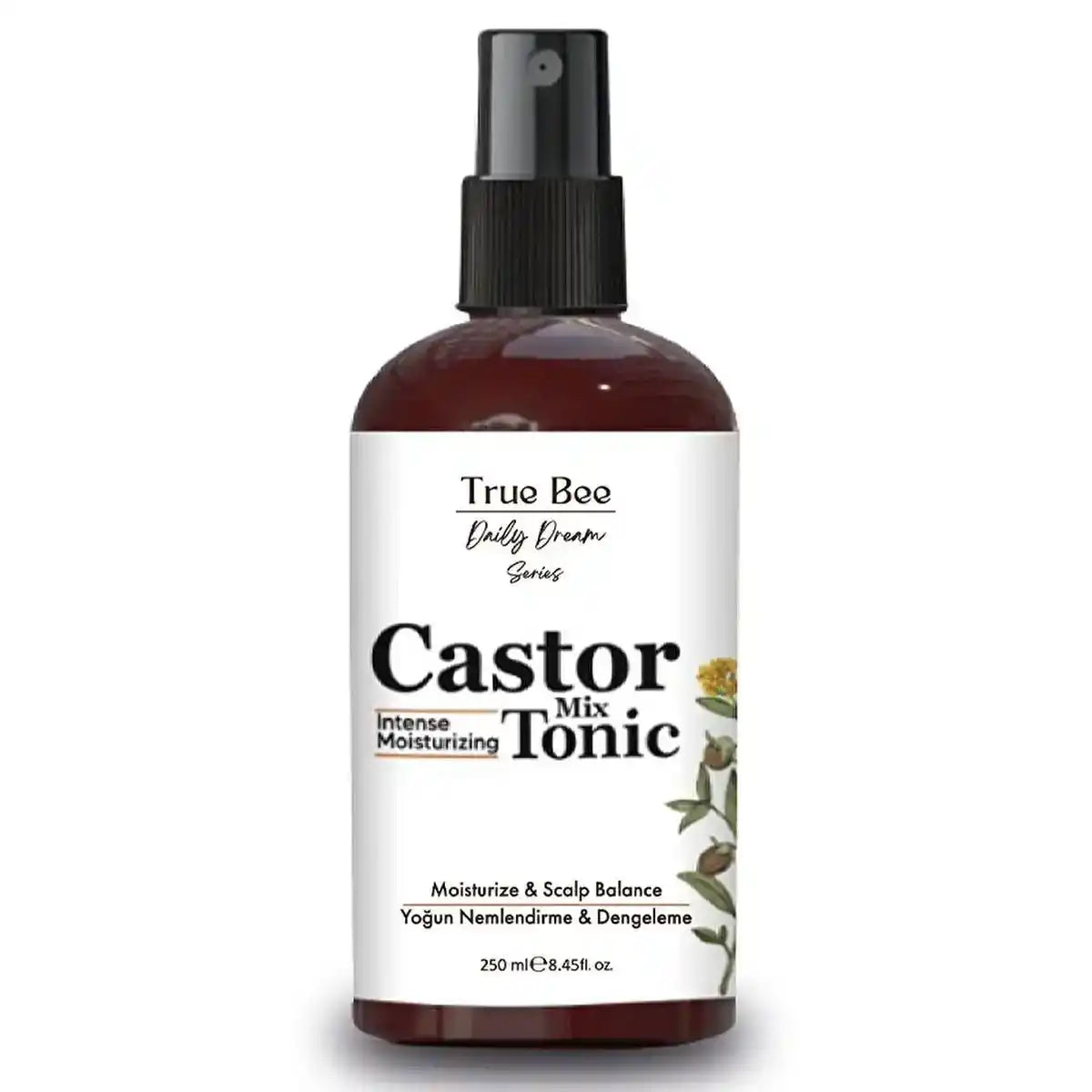 True Bee Castor Mix Tonic for intense moisturizing and scalp balance, 250ml bottle with spray nozzle