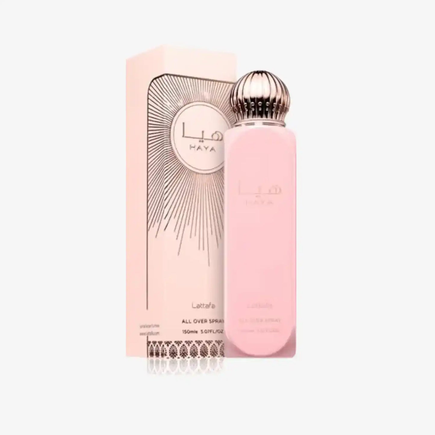 Haya All Over Spray perfume bottle and box, pink packaging, Arabic and English text visible