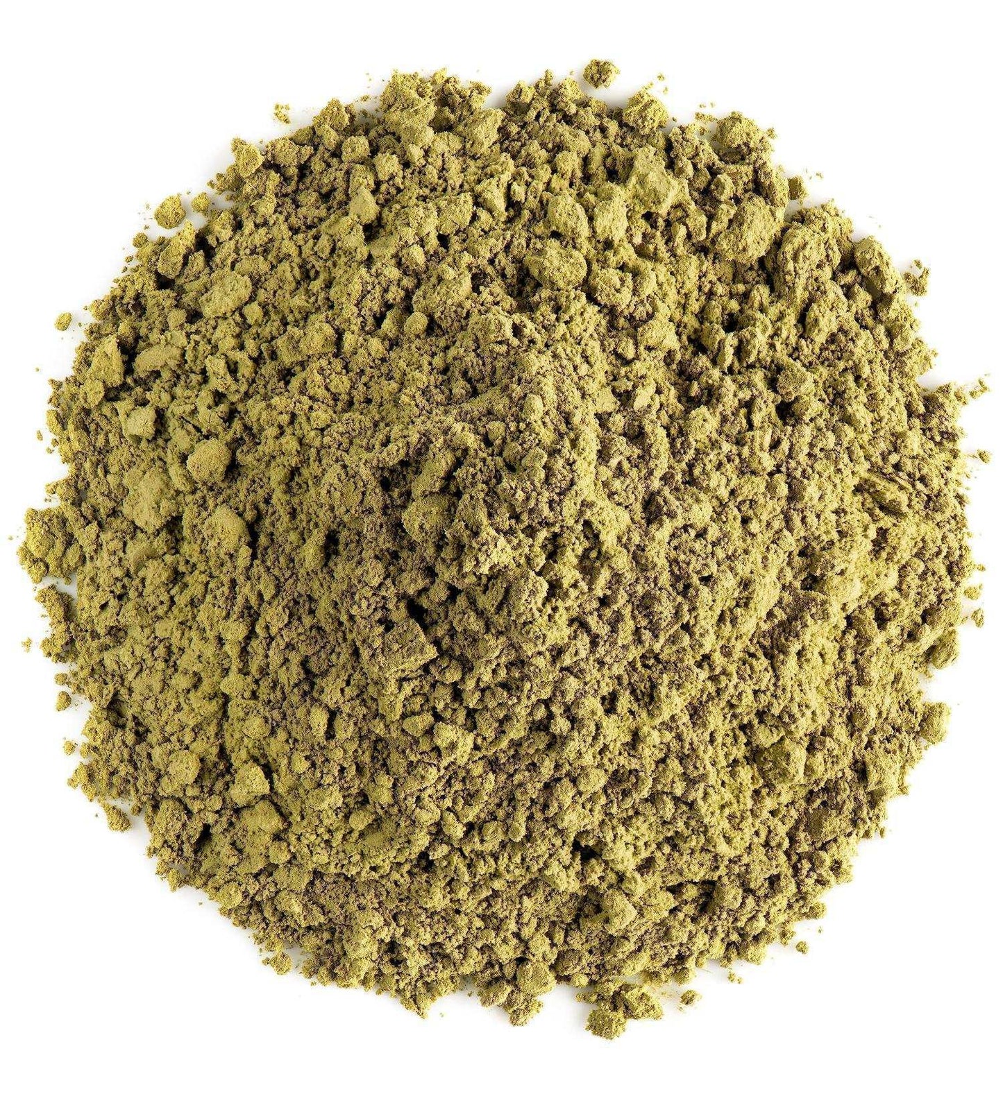 Loose pile of natural green henna powder on white background, Middle Eastern herb