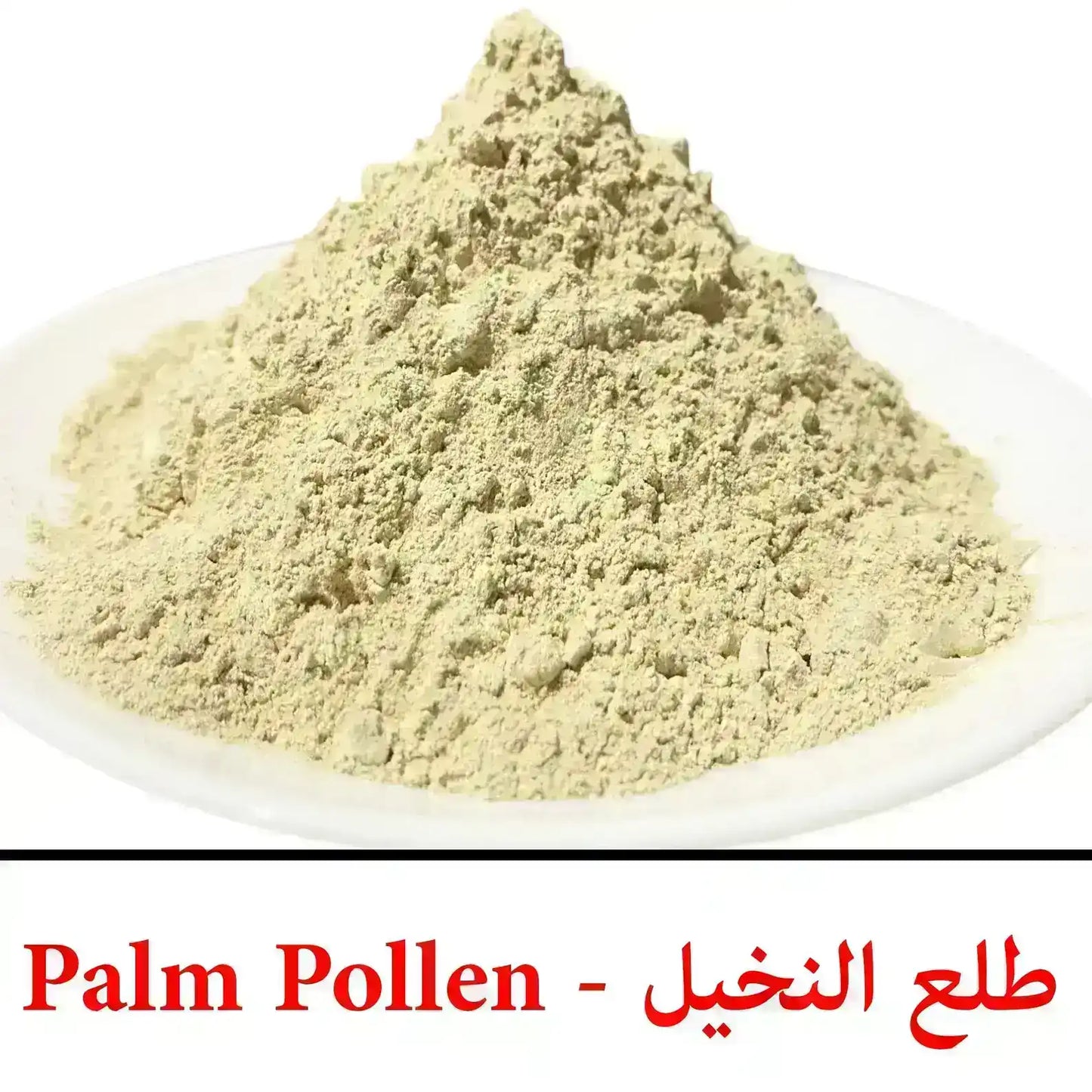 A heap of light beige palm pollen powder on a white plate, labeled Palm Pollen in English and Arabic.