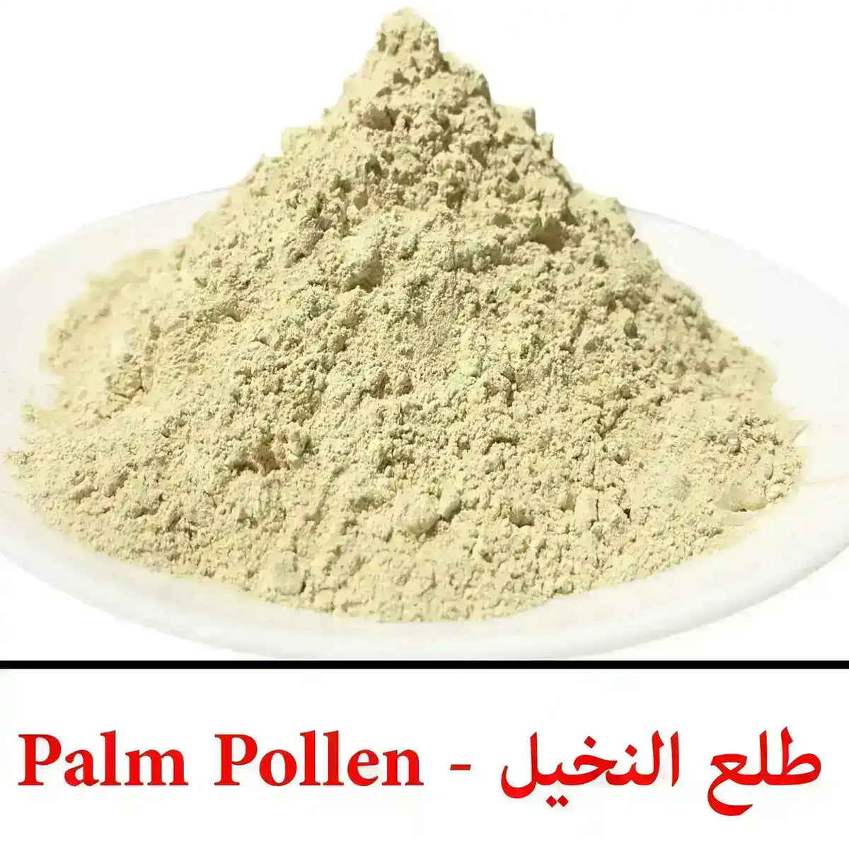 A heap of light beige palm pollen powder on a white plate, labeled Palm Pollen in English and Arabic.