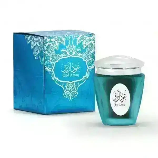 Oud Azraq blue glass jar and ornate blue box, traditional Middle Eastern incense product