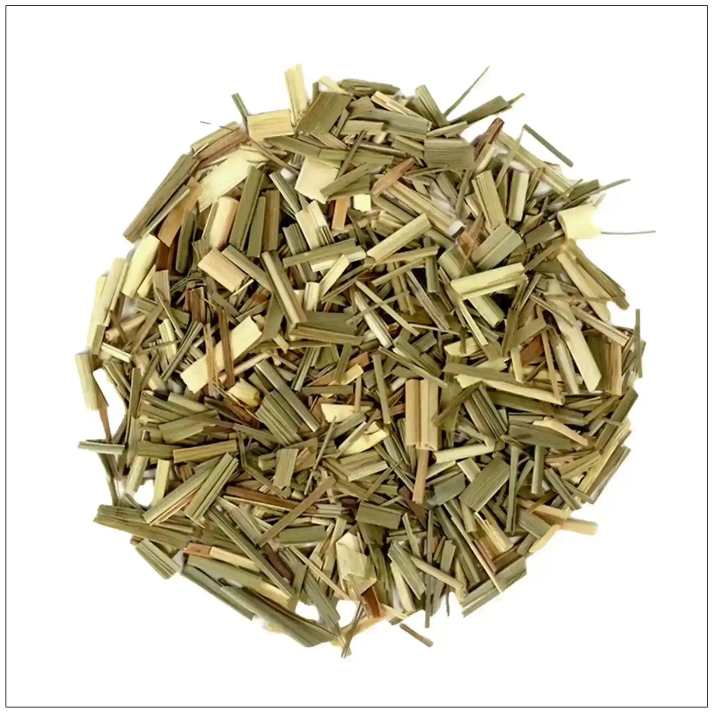 Pile of dried lemongrass herb pieces on a white background