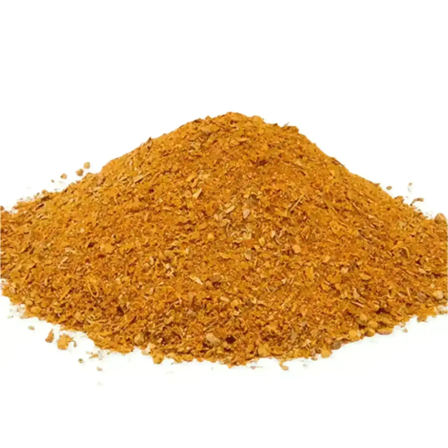 Pile of premium mandi spice blend, ground and golden brown, on a white background
