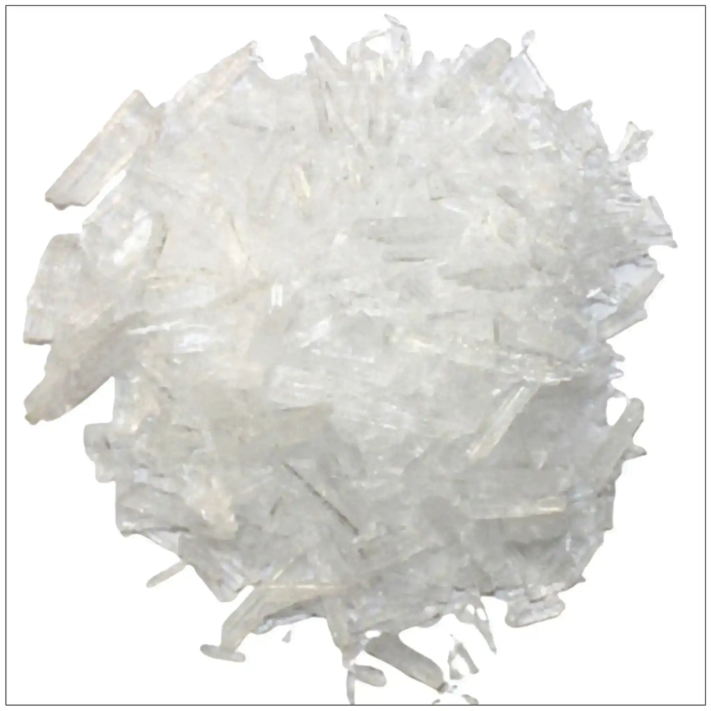 Close-up of transparent menthol crystals cluster on white background