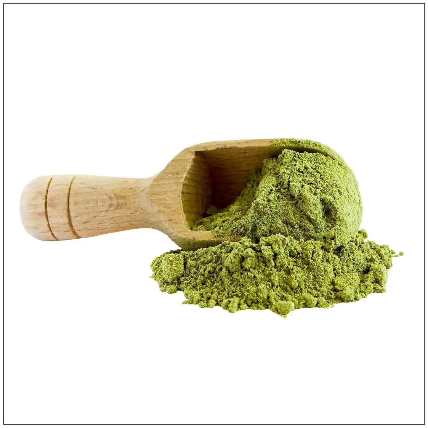 Wooden scoop filled with green moringa oleifera powder on white background